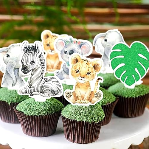 Miniatura 7 de ICNYEKl 49 piezas de decoración para cupcakes de animales de la selva, decoración de pastel Wild One, para baby showers, decoración de pasteles de