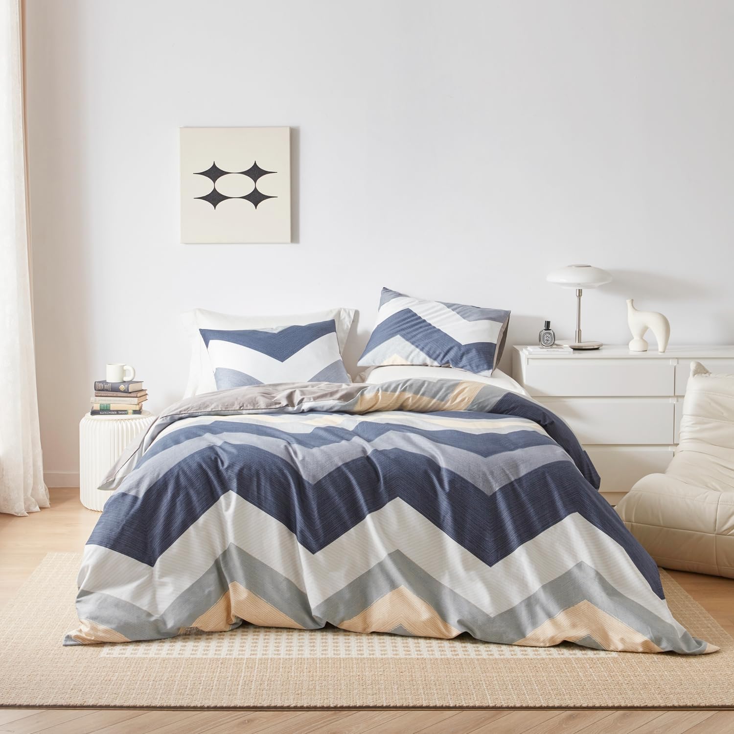 YuHeGuoJi Blue Geometric Duvet Cover Queen 100% Cotton 3 Pcs Set 1 Farmhouse Reversible Taupe Duvet Cover with Zipper Ties 2 Pillowcases Neutral Grey White Striped Chevron Pattern Bedding Set Soft - Image 2