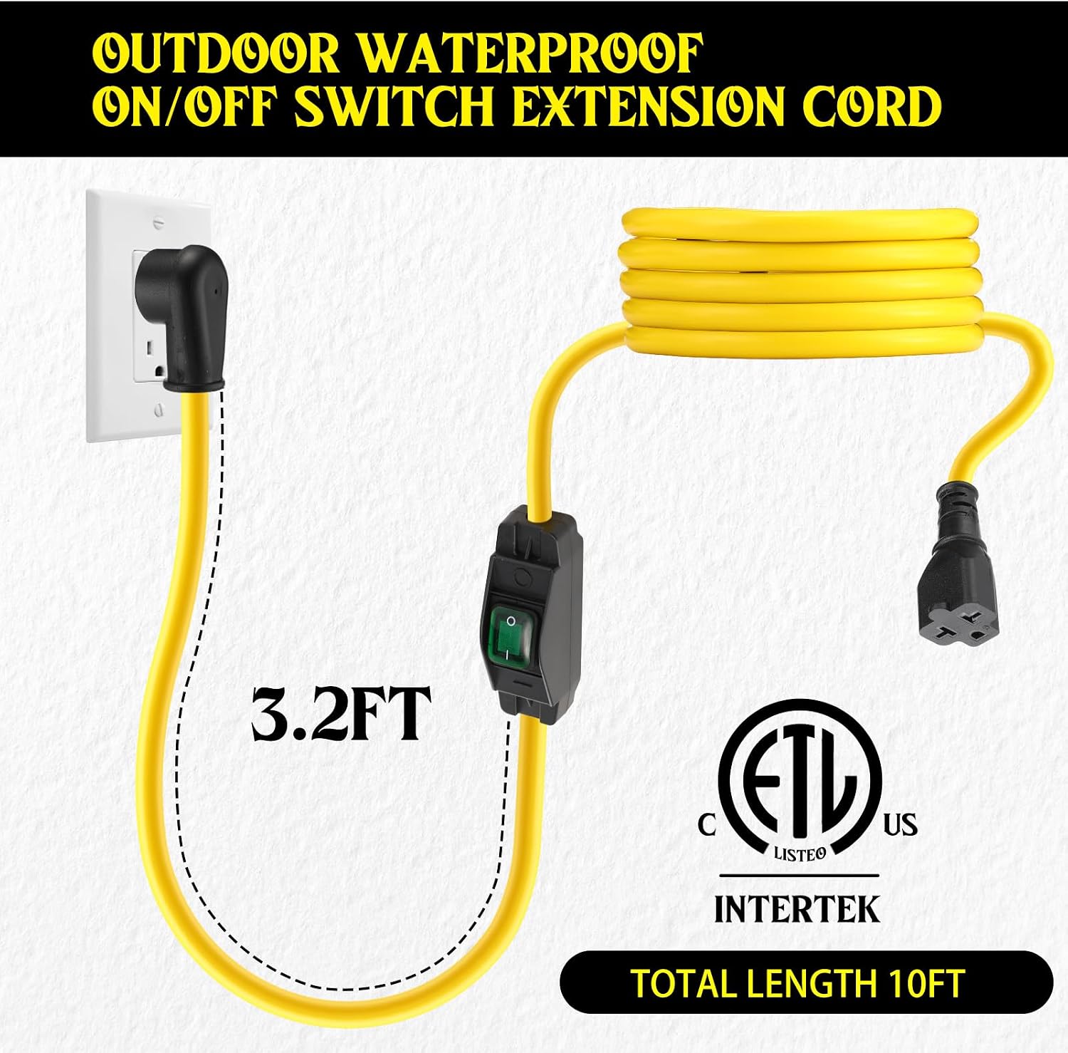 Kanayu 10FT SJTW 12AWG Outdoor Waterproof Extension in-Line On/Off Switch Cord Compatible with NEMA 5-15P to 5-15R/5-20R/6-15R/6-20R, IP57 Waterproof, 20A 125V 4-in-1 T-Blade, ETL Listed