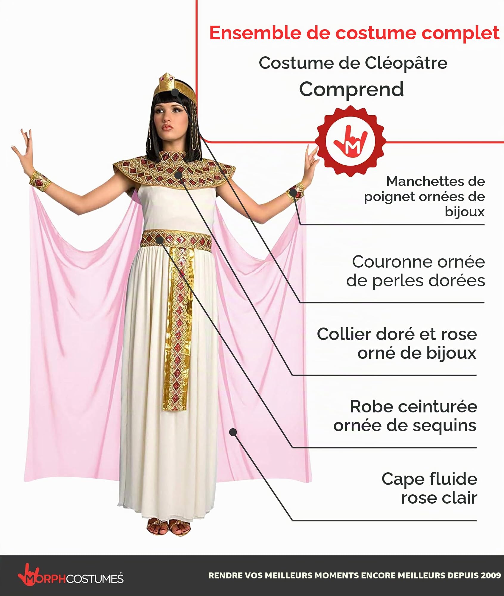 Morph Deguisement Cleopatre Femme, Costume Egyptien Halloween Femme | Robe, Collier, Coiffe, Cape & Bracelets, Reine d'Égypte, Parfait pour Halloween, Idéal pour se Déguiser