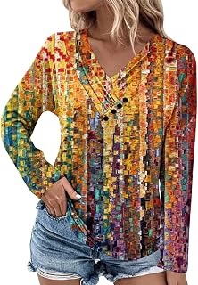 Tops for Women 2023, V Neck Printed Shirt Tops Long Sleeve Button Neck Fall Tops Cute Loose Fit Tunic T Shirt Casual Loose Graphic Tees T-Shirt Tunic Flowy Shirts Autumn Pullover Tops