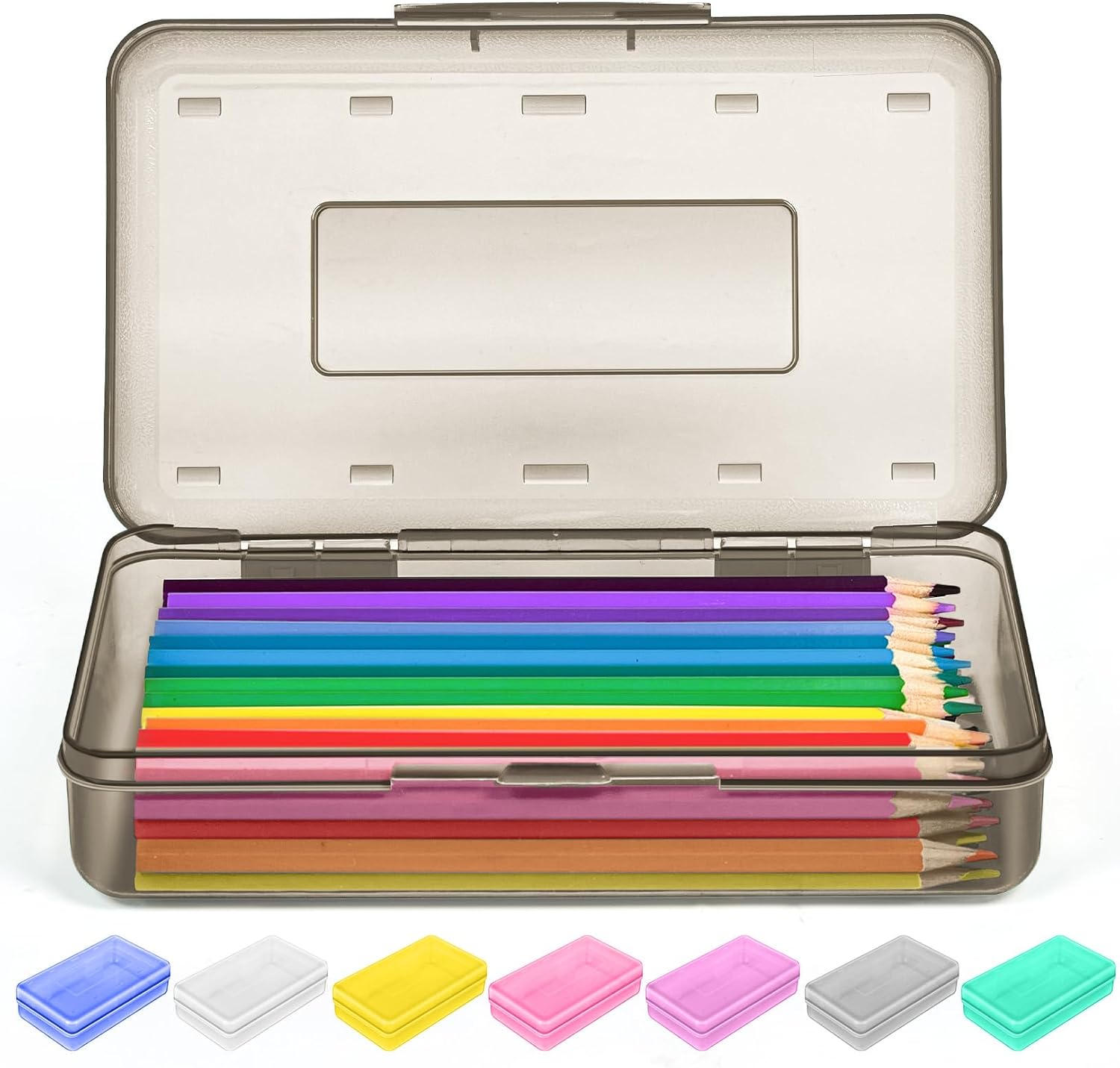 Sooez 1 Pack Clear Pencil Box, Plastic Hard Pencil Case with Stickers, Large Crayon Box with Snap-tight Lid, Stackable Storage Art Craft Marker Organizer Boxes for Kids Boys Back to School, Gray