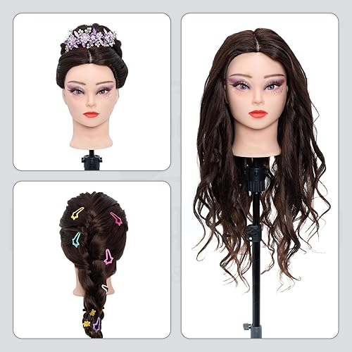 Miniatura 7 de Cabeza de maniquí 80% cabello humano - 71 cm Maniquí de práctica para maquillaje y cosmetología con cabello, cabeza para trenzado y peluquería para