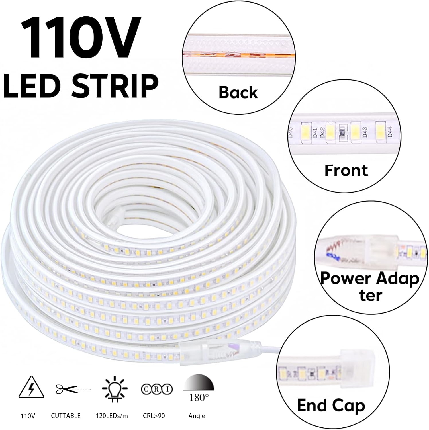 LED Strip Lights White 16.4ft AC 120 Volt Super Bright LED Light Strip 5M Waterproof IP67 4000K 120LEDs/m Outdoor Lighting Cuttable for Bedroom Kitchen Cabinet Wardrobe Pantry