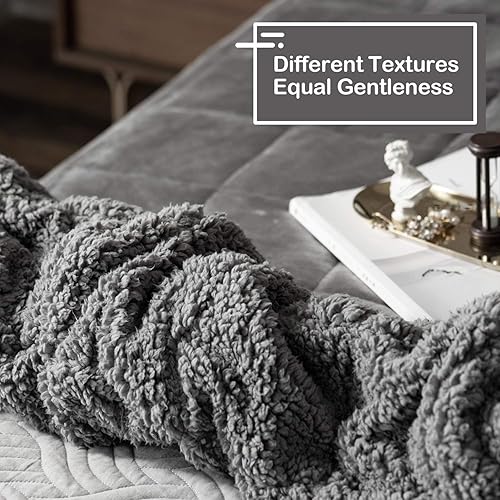 Miniatura 2 de Wemore Manta con peso de forro polar Sherpa para adultos, color gris, 60 x 80 pulgadas, 15 libras con piel sintética larga y lanuda manta con peso