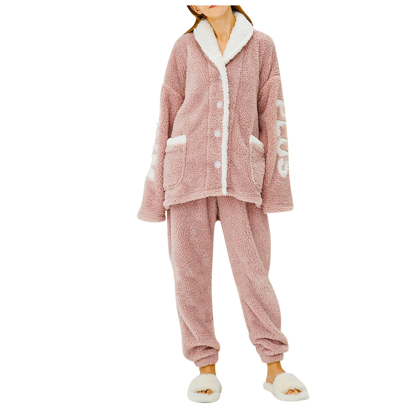 Conjunto de pijama de algodón mullido con botones para mujer, estilo casual, cálido, de algodón, suave, acogedor, ropa de dormir para invierno, otoño, ropa de descanso, suave y cómoda