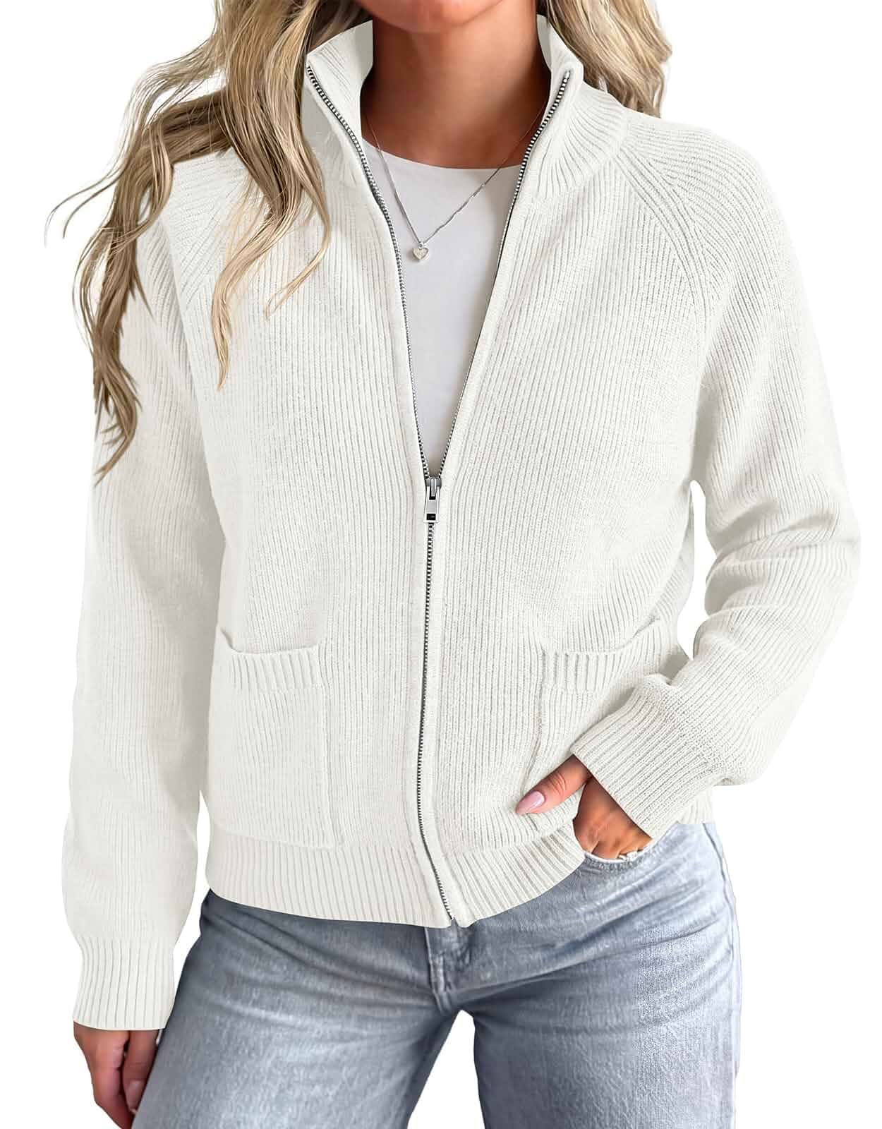 PRETTYGARDEN Womens Zip Up Cardigan Sweaters with Pockets Fall Jackets Stand Collar Long Sleeve Ribbed Knit Sweater, Chunky Loose Fit Open Front Short Cardigans, Fashion Winter Coats Outerwear