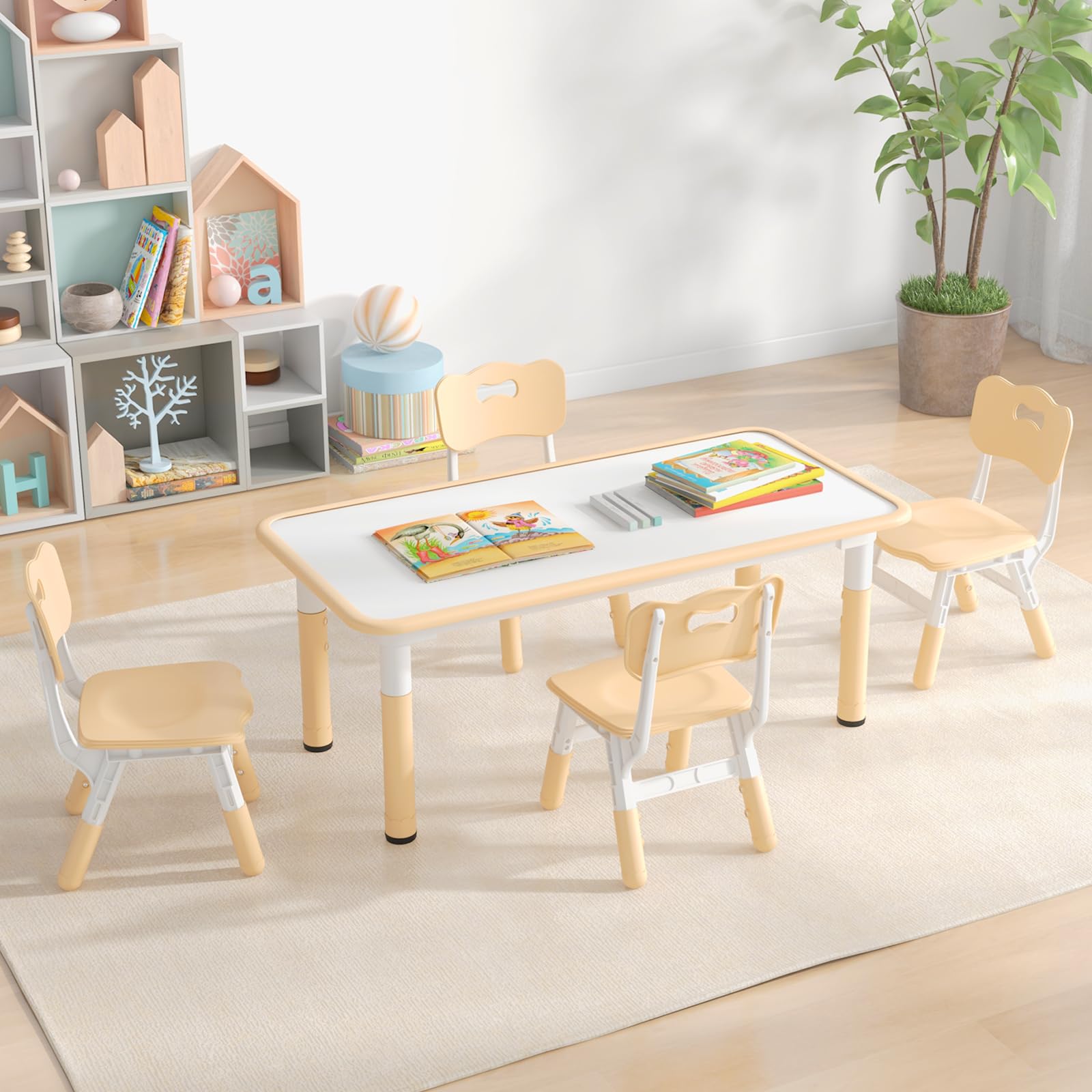 LIFEZEAL Mesa con 4 sillas para niños, Juego de Mesa y sillas Infantiles, Escritorio pintable, Altura Ajustable, Mesa para 18 Meses+, Conjunto de Asiento para guardería y jardín de Infancia (Natural)