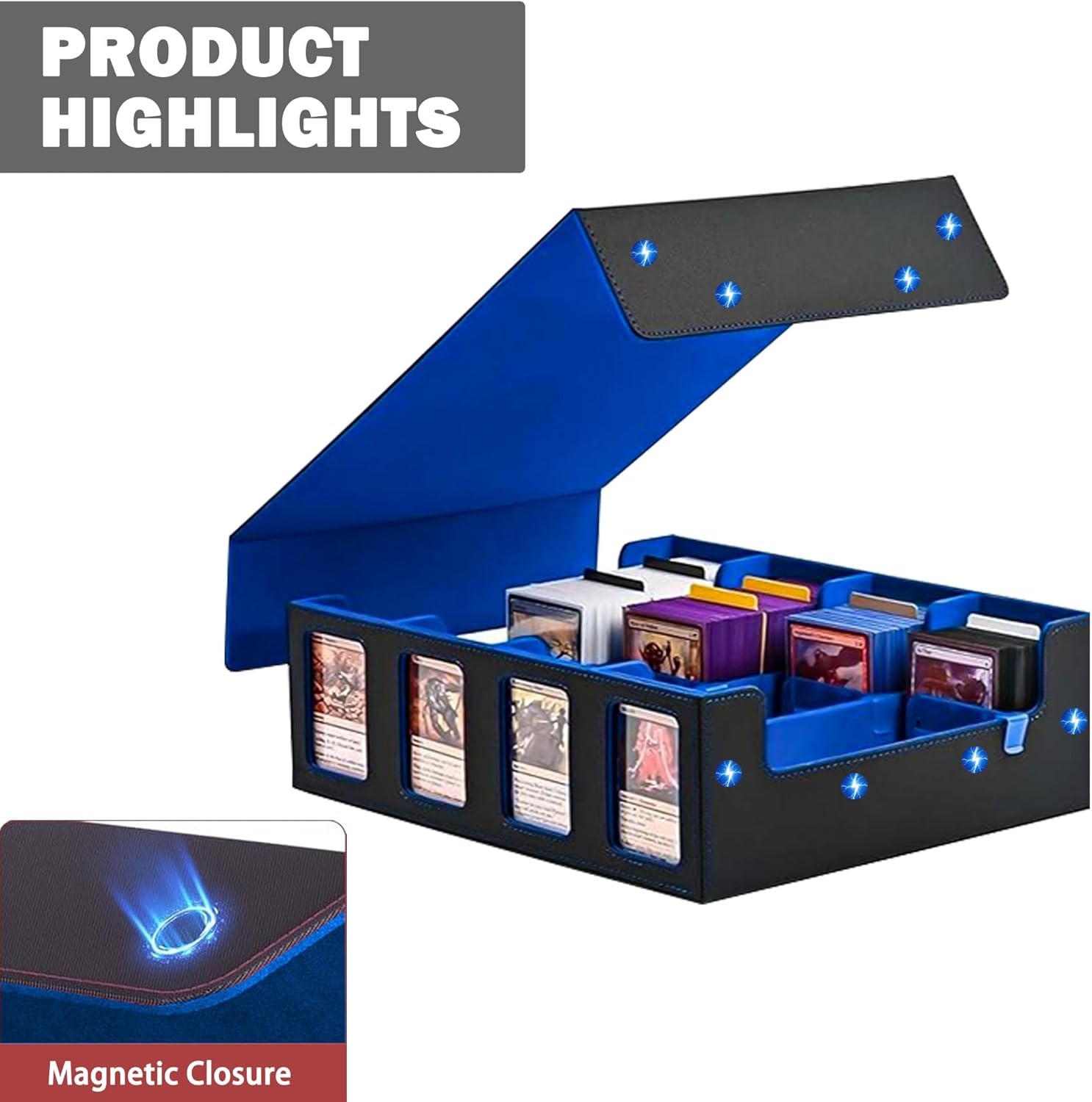 4-Row Trading Card Storage Box – Holds 3000+ Cards – Commander Display Slot, Magnetic Removable Lid, PU Leather Deck Box – Compatible with MTG Commander, TCG, (T2400Black&Blue)