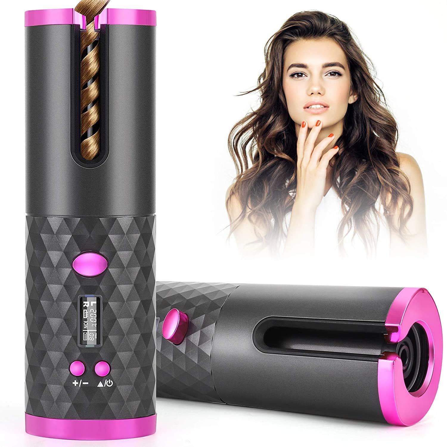 VIRZA TRADE Automatic Curling Iron, Rechargeable Auto Rotating Ceramic Barrel Hair Curler Fast Heating with 6 Temperature & Timer Settings, Auto Shut-Off Portable hair curler
