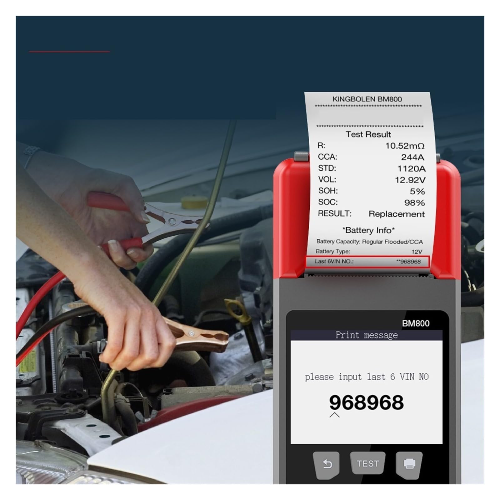 Probador de baterías de Coche, Probador de batería Coche BM800 con función impresión Analizador Prueba Arranque Carga Carga máxima