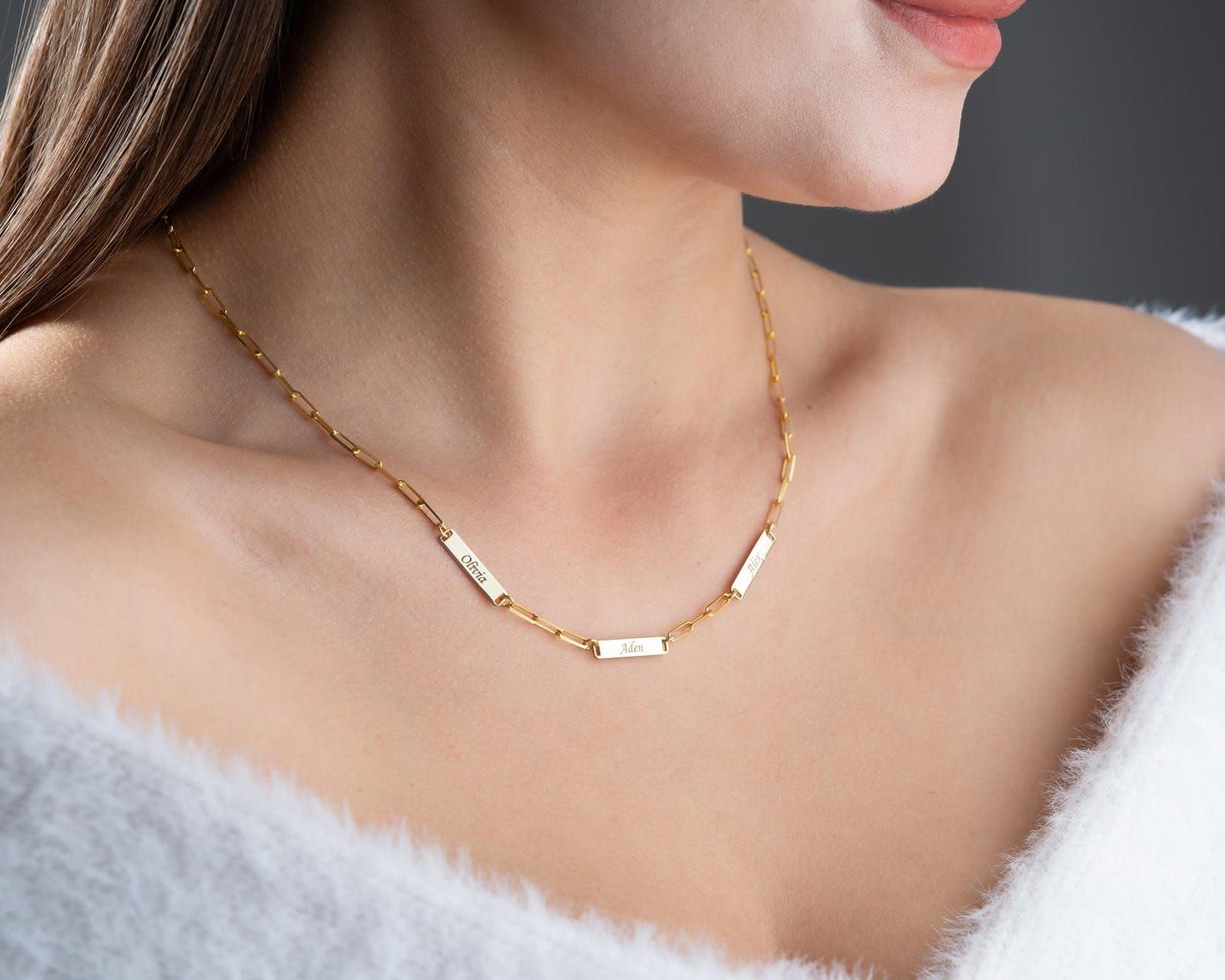 Delicado oro cadena de eslabones, para mujeres Día de la Madre Idea nombre barra grabado joya