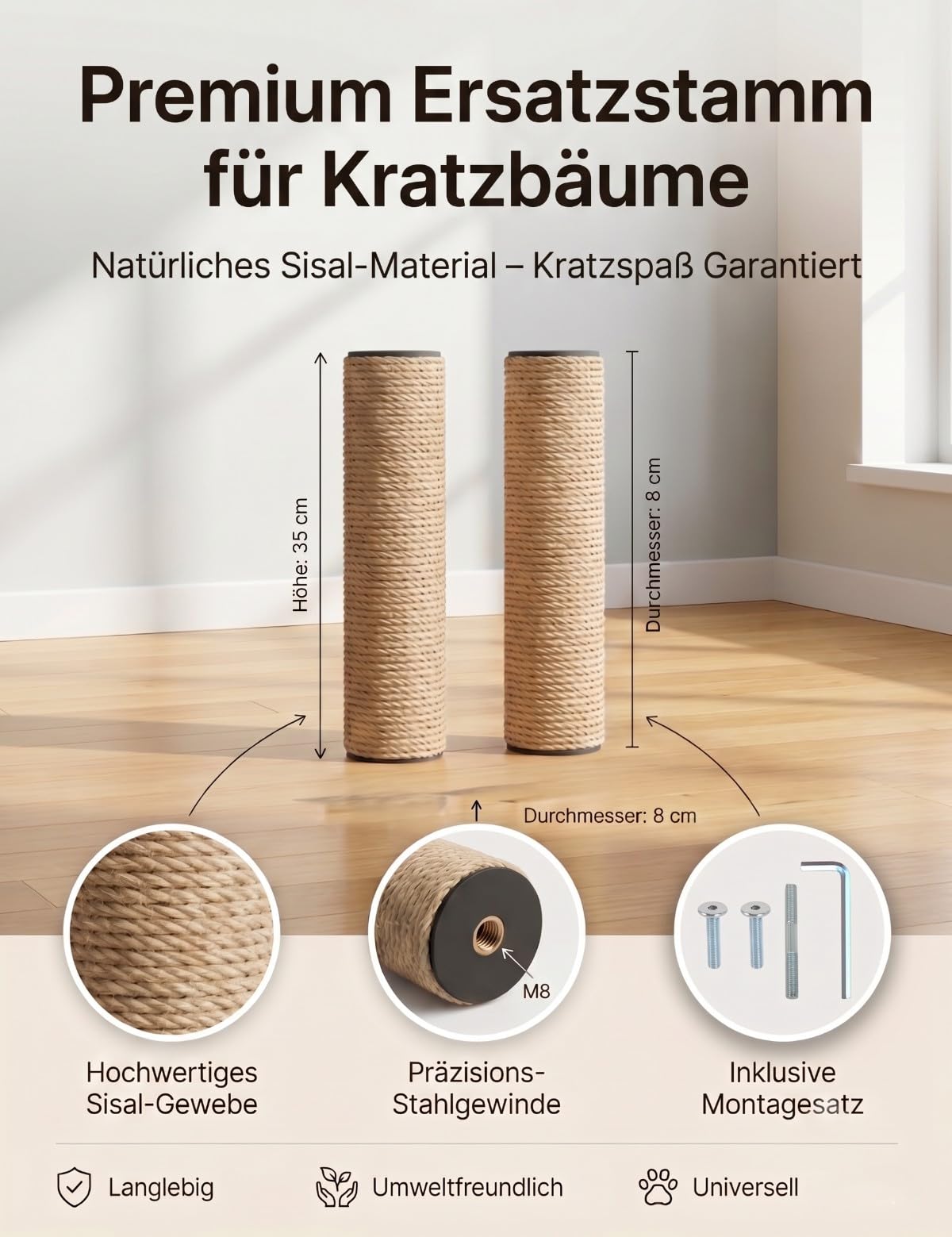kratzbaum ersatzstamm M8 sisalstamm katzenbaum ersatzteil 2er | Zwei dicke Natursisal-Säulen für Katzenmöbel. Passend für Ø 8cm Zylinder & M8 Schraubgewinde. Robustes sisalseil zum Basteln.