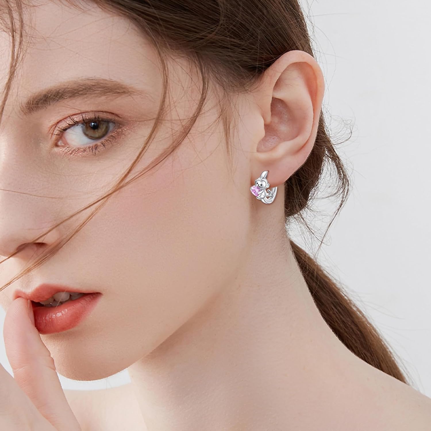 VONALA 925 Sterling Silver Cute Animal Hoop Earrings Heart Pink Cubic Zirconia Jewelry Gifts for Women