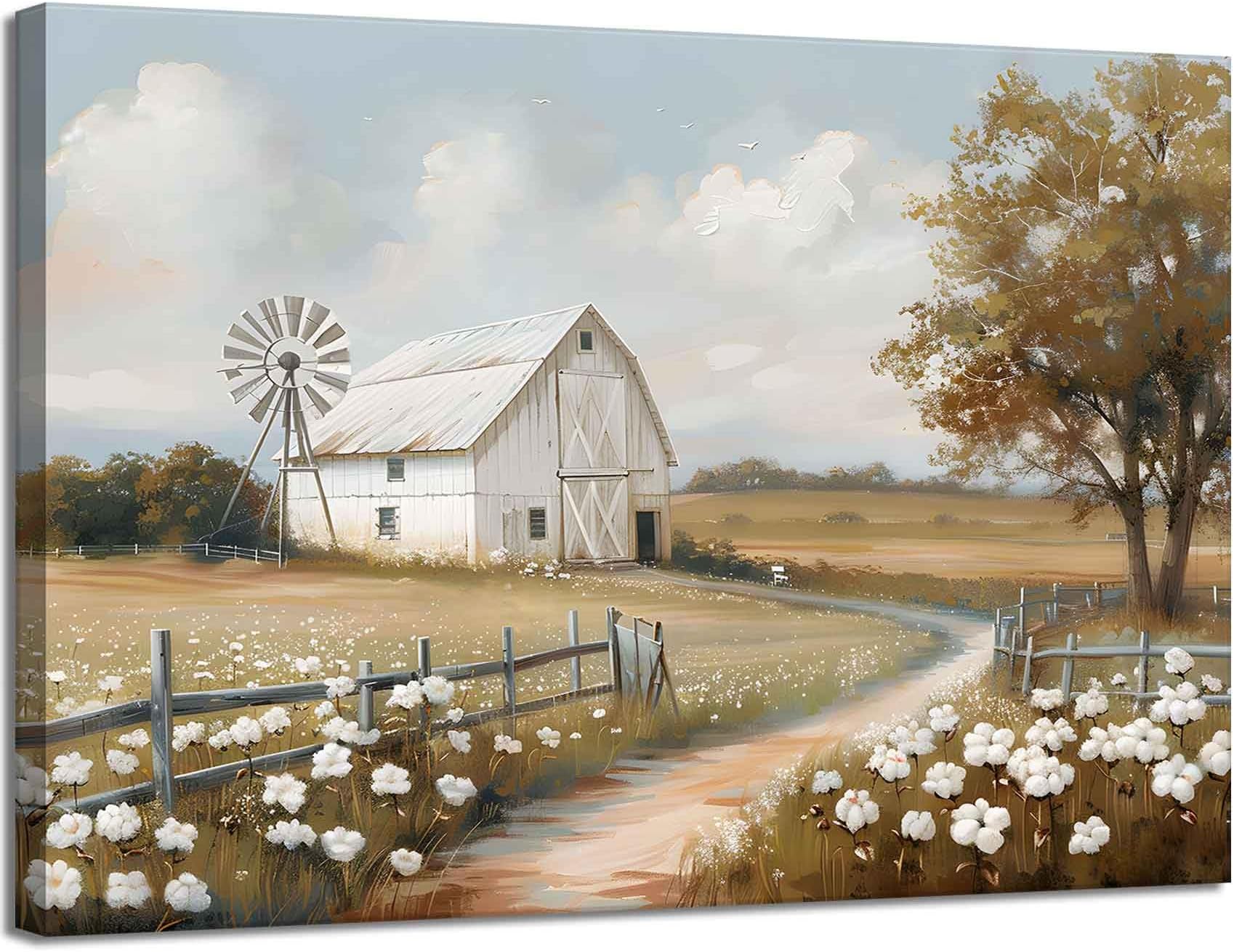 Farmhouse Barn Canvas Wall Art Rustic Farm Nature landscape Decor Pictures Retro Flower Field Meadow Barn Windmill Posters Prints for Home Decoration Bathroom Bedroom Living Room Decoration