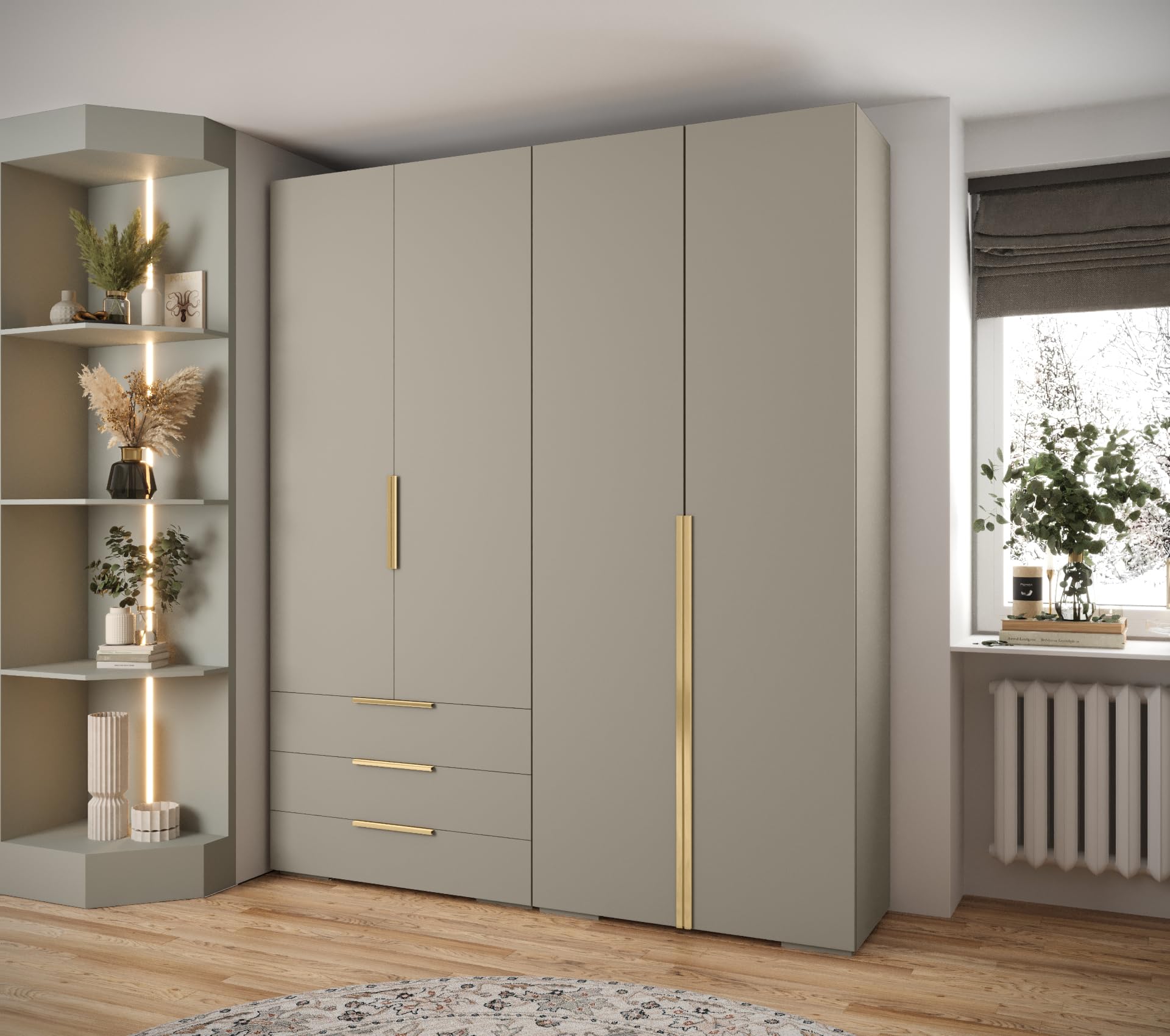 MEBLE KRYSPOL Inova 1 Möbelset - Moderne Garderobe - für Schlafzimmer, Wohnzimmer, Flur, Kinderzimmer - Ankleidemöbel - 236,7x200x47cm - Kaschmir, Handgriff Gold