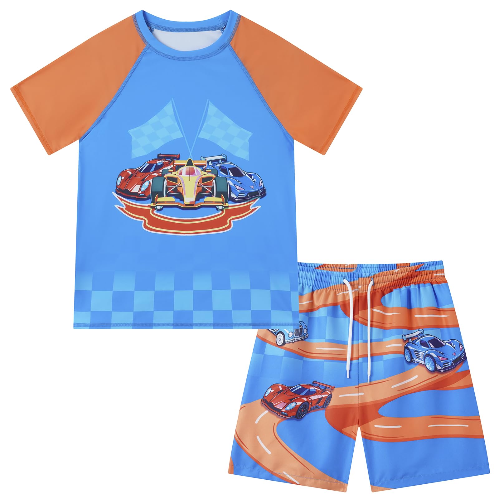 Boys Short Sleeve Rash Guard Swimsuit Set with Swim Trunks for 4-12 Years