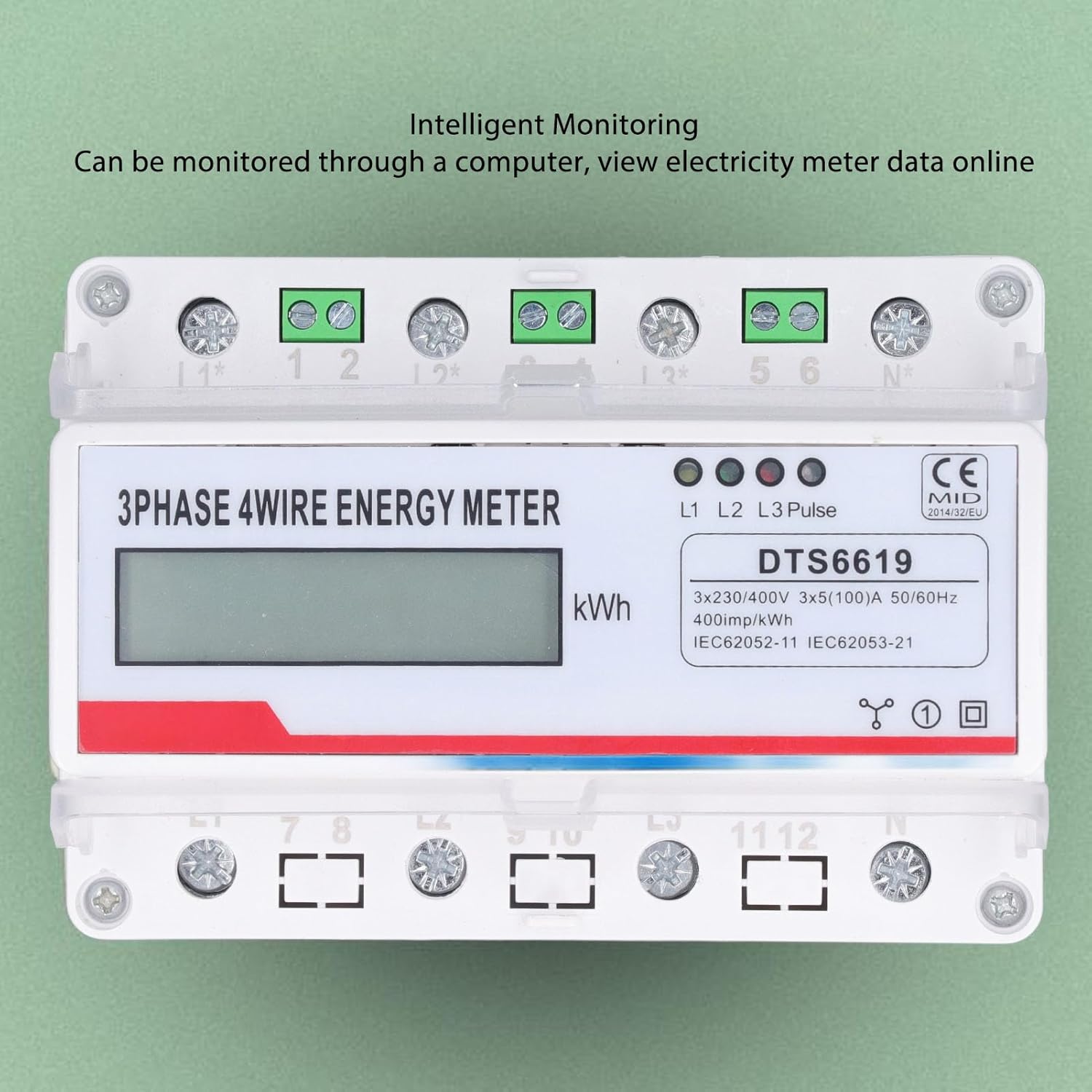 7P Energy Meter, 3 Phase 4 Wire Electric Power Meter, 35mm Rail Mount Digital Voltmeter Ammeter Electricity Meter with LCD Display KWH Monitor, 230 400V 5(100) A