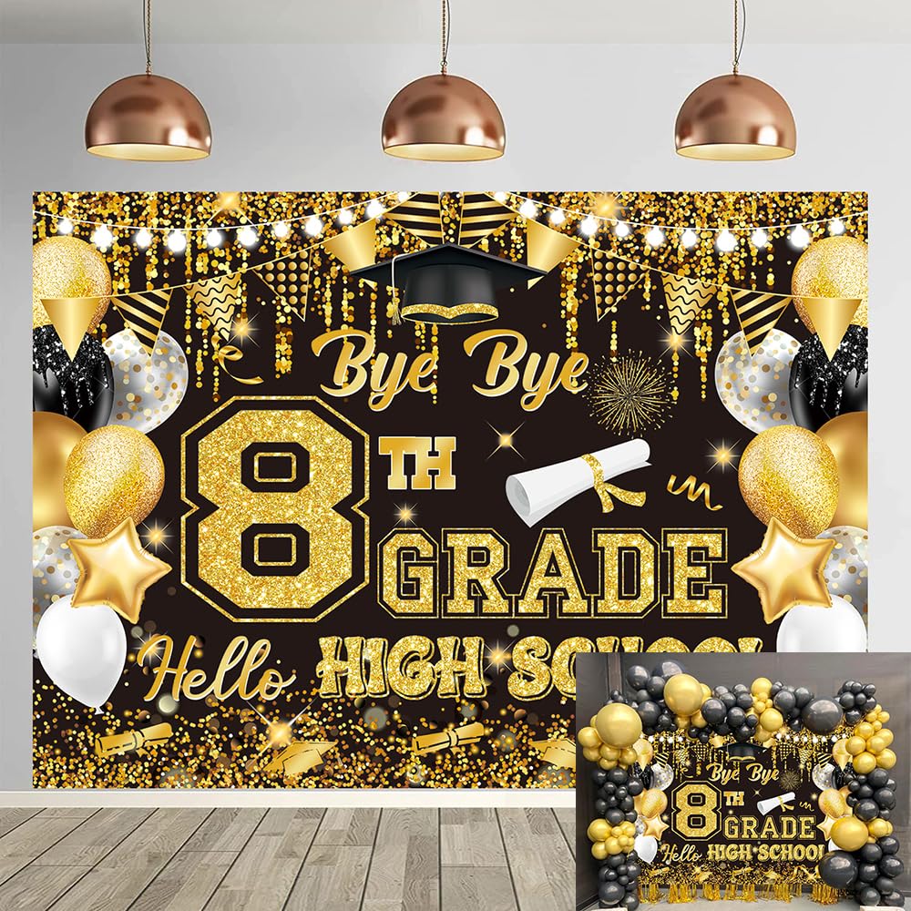 8th Grade Graduation Backdrop 6x4FT Bye Bye 8TH Grade Hello High School Background 8TH Grade Graduate Classroom Banner for Graduation Party