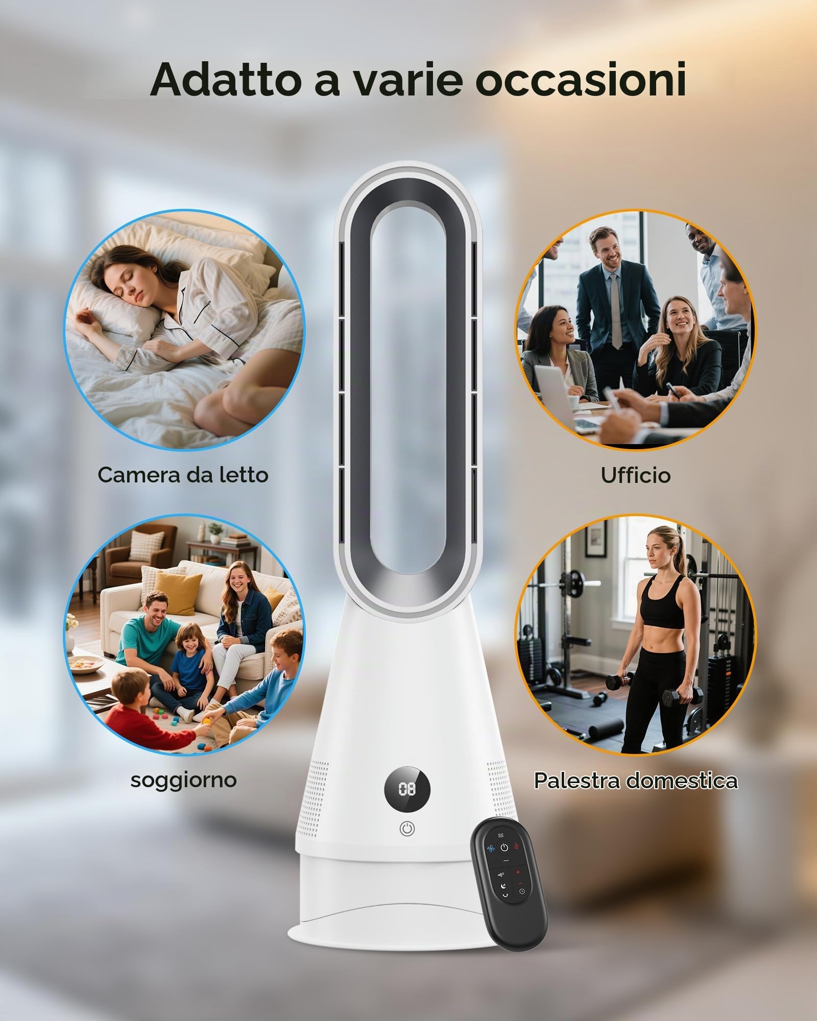 Termoventilatore a Torre 1600W Senza Pale - Telecomando, Silenzioso 30dB, Oscillazione 80°, Timer 9h, 3 Modalità Calore per Camera da Letto Soggiorno Ufficio