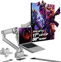 Vista 10 de AVLT Soporte de escritorio con brazo de monitor dual de 17"-38" con bandeja para laptop de 17" y estación de acoplamiento USB-C, HDMI 4K60Hz, USB-A