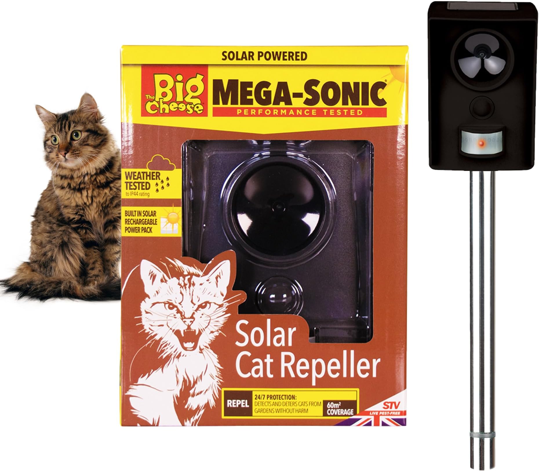 The Big Cheese Mega-Sonic® Solar Cat Repeller – Effective Humane Alternative - Professional Motion-Activated Ultrasonic Cat Repellent for Gardens UK - Outdoor Solar Powered Deterrent