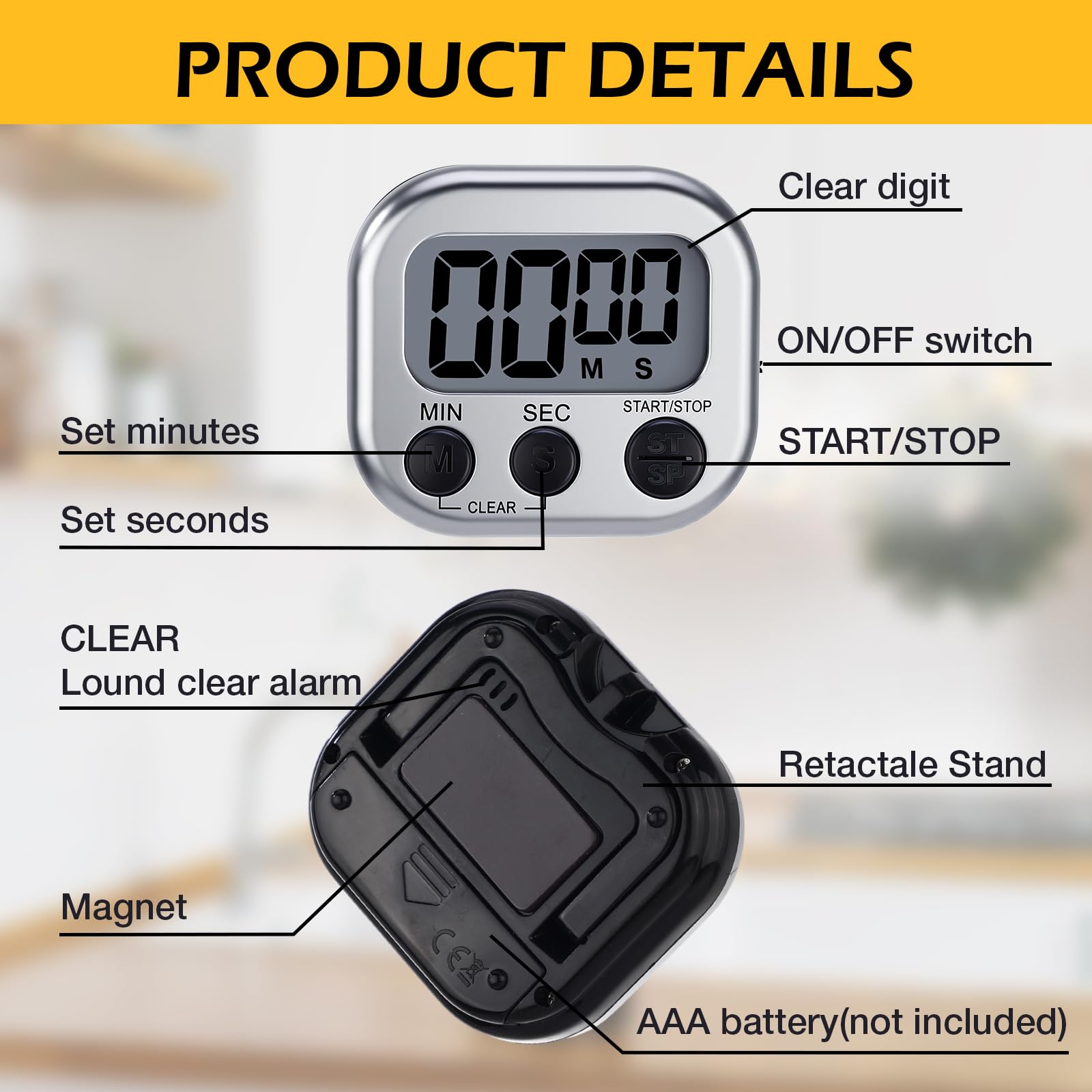 Leumoi 24 timer digitali da cucina magnetici, grande schermo, allarme forte interruttore on/off, conto alla rovescia, impostazione di memoria per cucinare in aula (argento e nero)