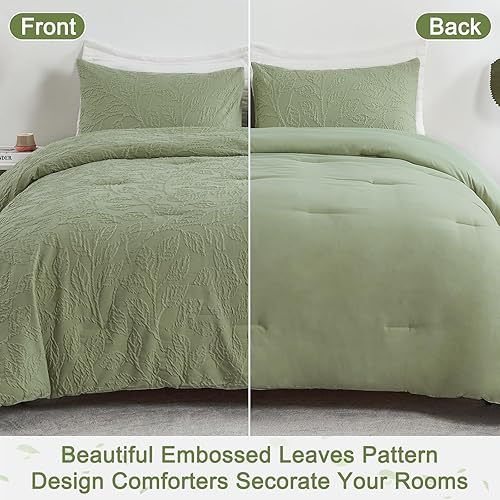 Miniatura 6 de ENCOFT Edredón tamaño King, edredón verde con patrón de hojas en relieve de 3 piezas, con funda de almohada, para todas las estaciones, edredón de