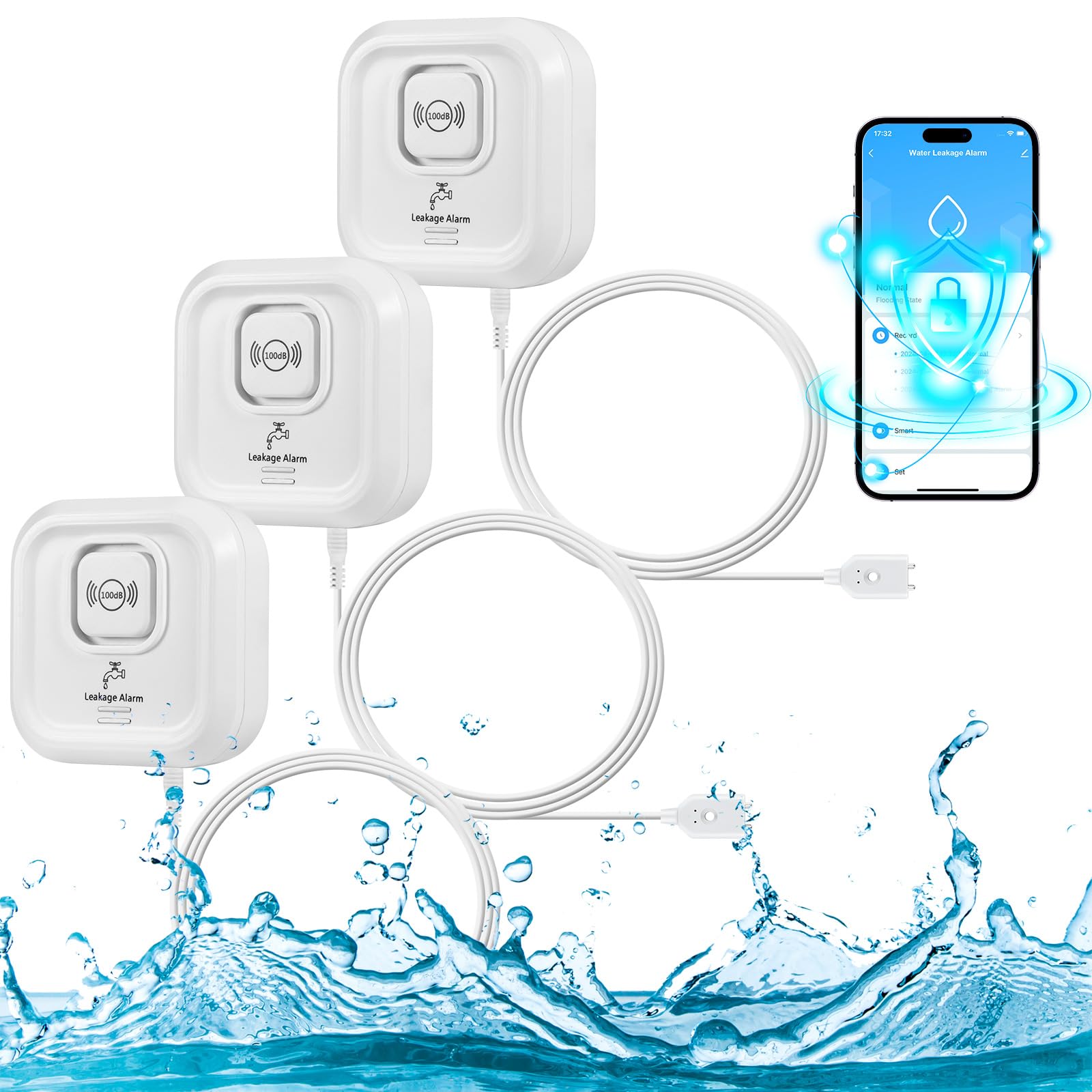 Detecteur de Fuite d'eau, 2,4GHz WiFi Alarme Maison sans Fil Compatible avec L'application Tuya, 100dB Capteur de Niveau d'eau avec 105cm Détachable Câble Alarme Piscine pour Cuisines, Caves, Sols