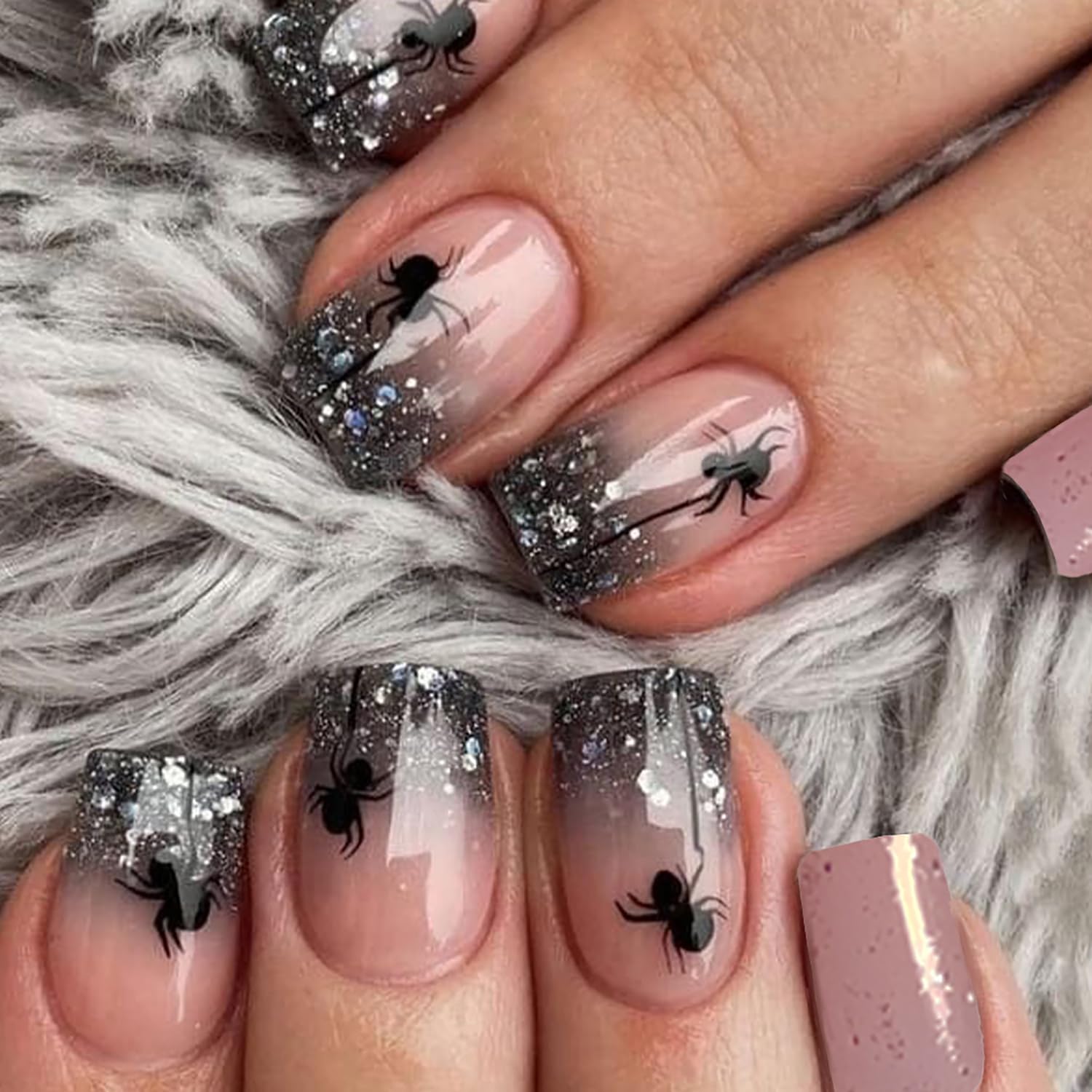 24pcs Black French Tip Press-on Nails: Glitter Design, Spider, Halloween, Short, Square, Acrylic, False, Nude, Pink, Glue, Cute, Glossy, Artificial,