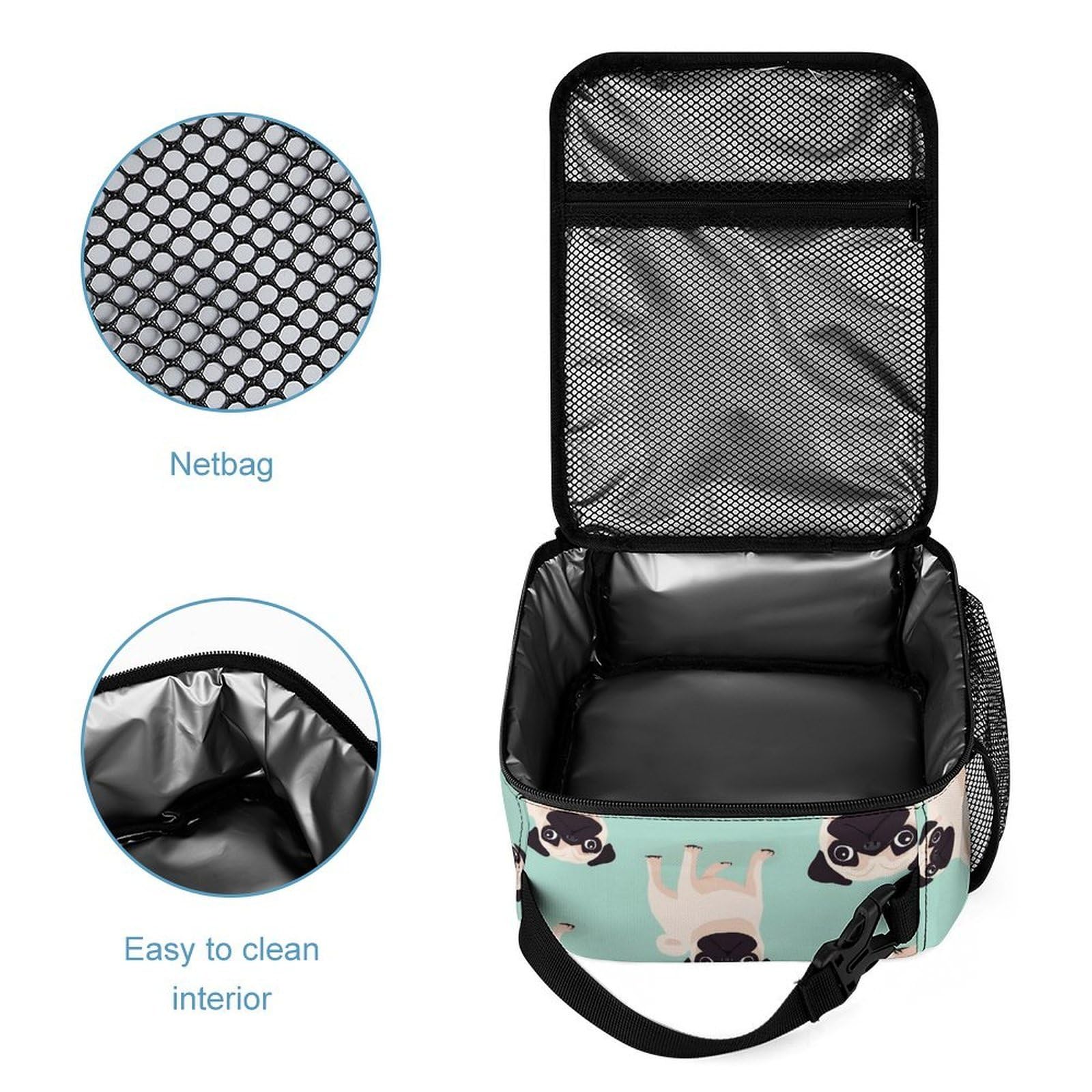 Ensemble sac à dos avec boîte à lunch, trousse de maquillage, motif carlin et sac de rangement