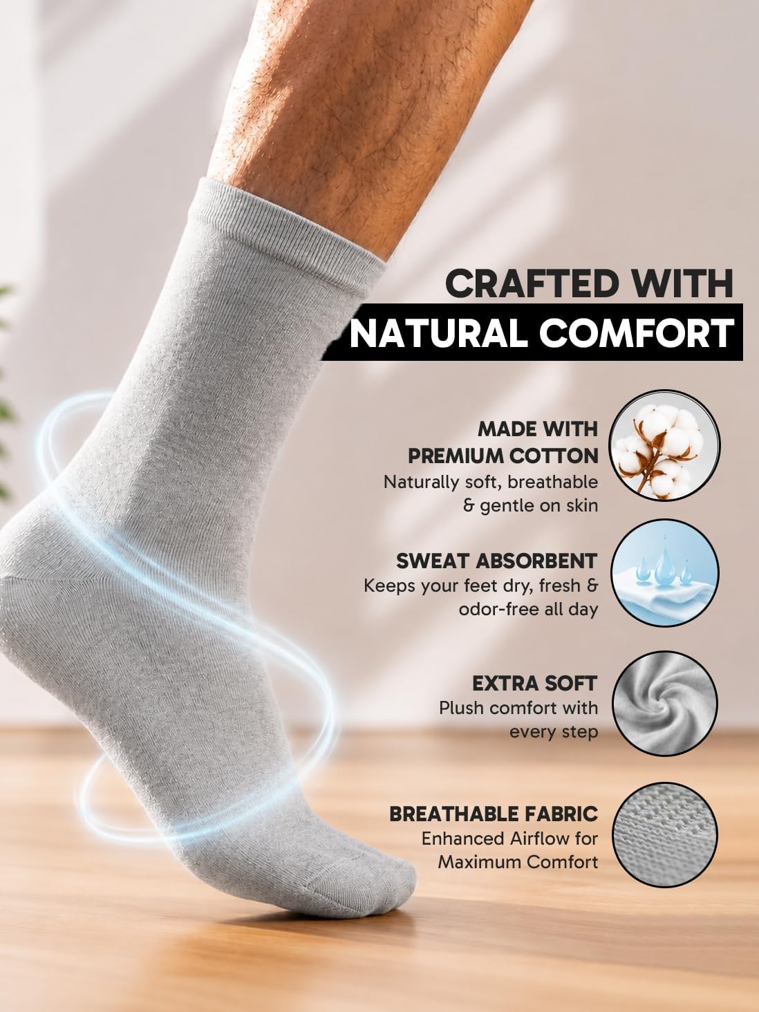 Mr. cotton 6-Pack Cushioned Crew Socks for Men, Breathable Stretch Fit