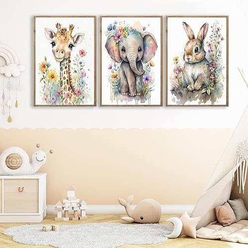 Miniatura 6 de 3 piezas de lienzo de acuarela de animales de safari para bebé, arte de pared de animales de la selva con flores silvestres, decoración de pared,