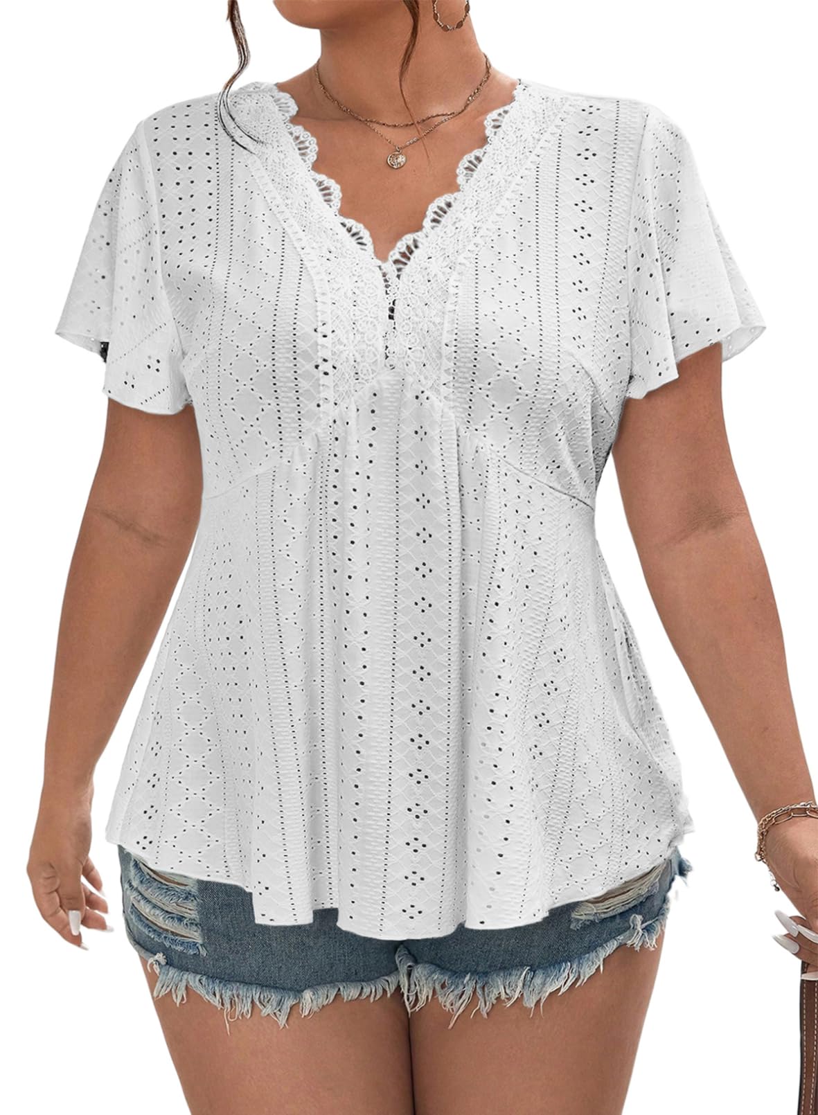 Eytino Womens Plus Size Tops Lace Crochet V Neck Short Sleeve Eyelet Blouse Loose Casual Summer Peplum Shirts(1X-5X)