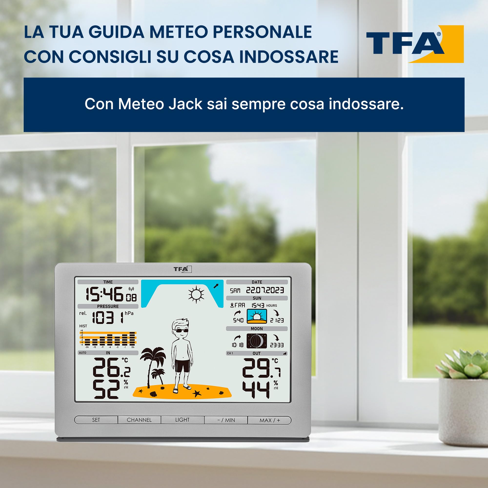 TFA Dostmann Stazione meteo radio METEO JACK, 35.1097.54,con sensore esterno, con previsioni del tempo, pressione atmosferica, fasi lunari, alba e tramonto, orologio radio, argento