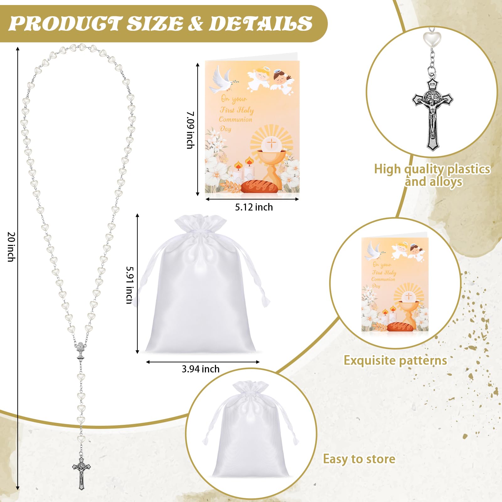 Set de 3 Rosario Corazón Primera Comunión con Tarjetas y Bolsa Cordón Collar Metálico Cruz Perlas Católicas para Niñas Niños Regalo Bautizo
