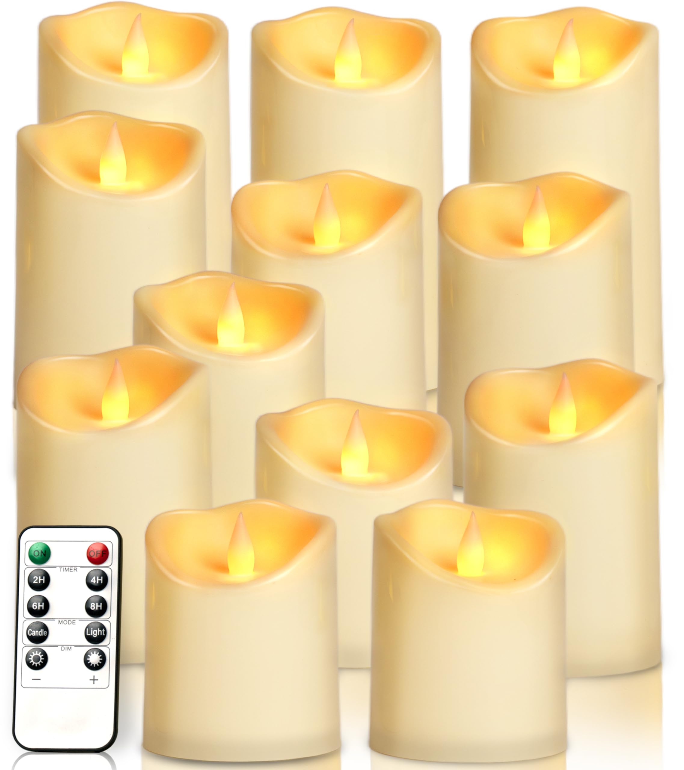 Bayglow LED Remote Control Candles - Waterproof Flameless Fake Outdoor Battery Operated Timer Pillar Flickering Plastic LED Electric Faux Velas Artificial Decor Ivory Candle 4" 5" 6"x3" Set of 12