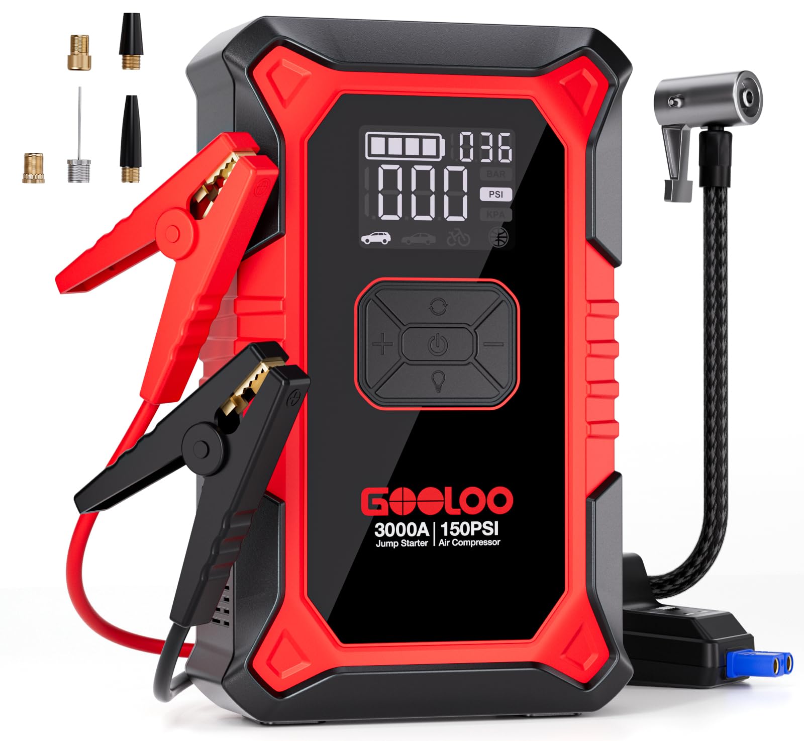 GOOLOO 3000A Avviatore Batteria Auto con Compressore, 150PSI Avviatore Emergenza per Auto con Torcia, Ricarica USB, avviatore batteria per auto (fino a 9.0L Gas/6.5L Diesel)