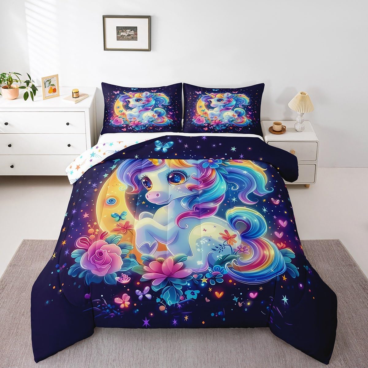 Erosebridal Kids Black Cute Girl Comforter Sets for Girls,American African Girls Bedding Set King Size Black Princess Girl Bed Comforter Set Reversible Colorful Stars Quilt Set 2 Pillow Cases