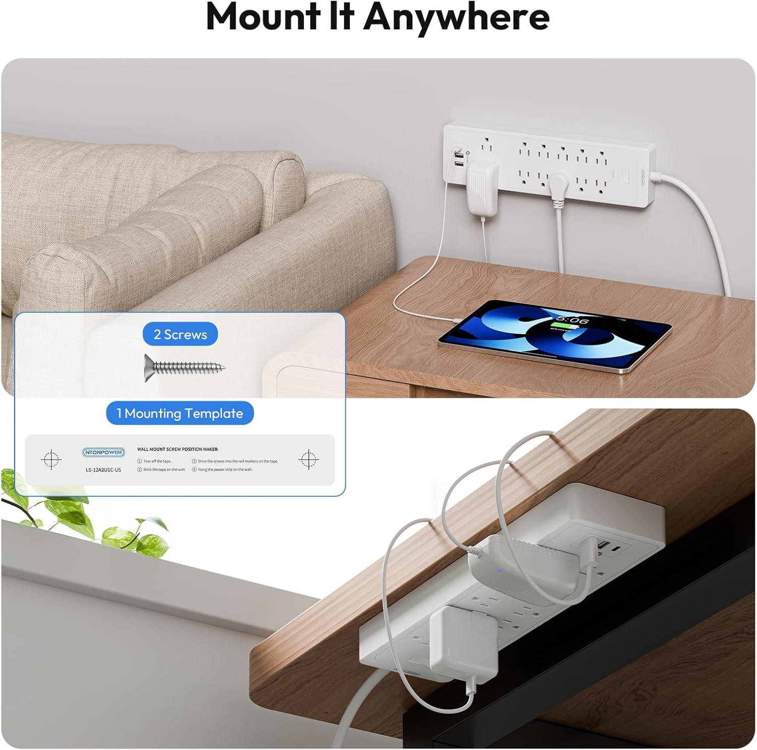 15 ft Extension Cord Flat Plug Power Strip, NTONPOWER 2100 Joules Surge Protector with 12 Outlet 3 USB Port, 1875W/15A, Overload Protection, Long Cord Wall Mountable for Home Office Accessories, White
