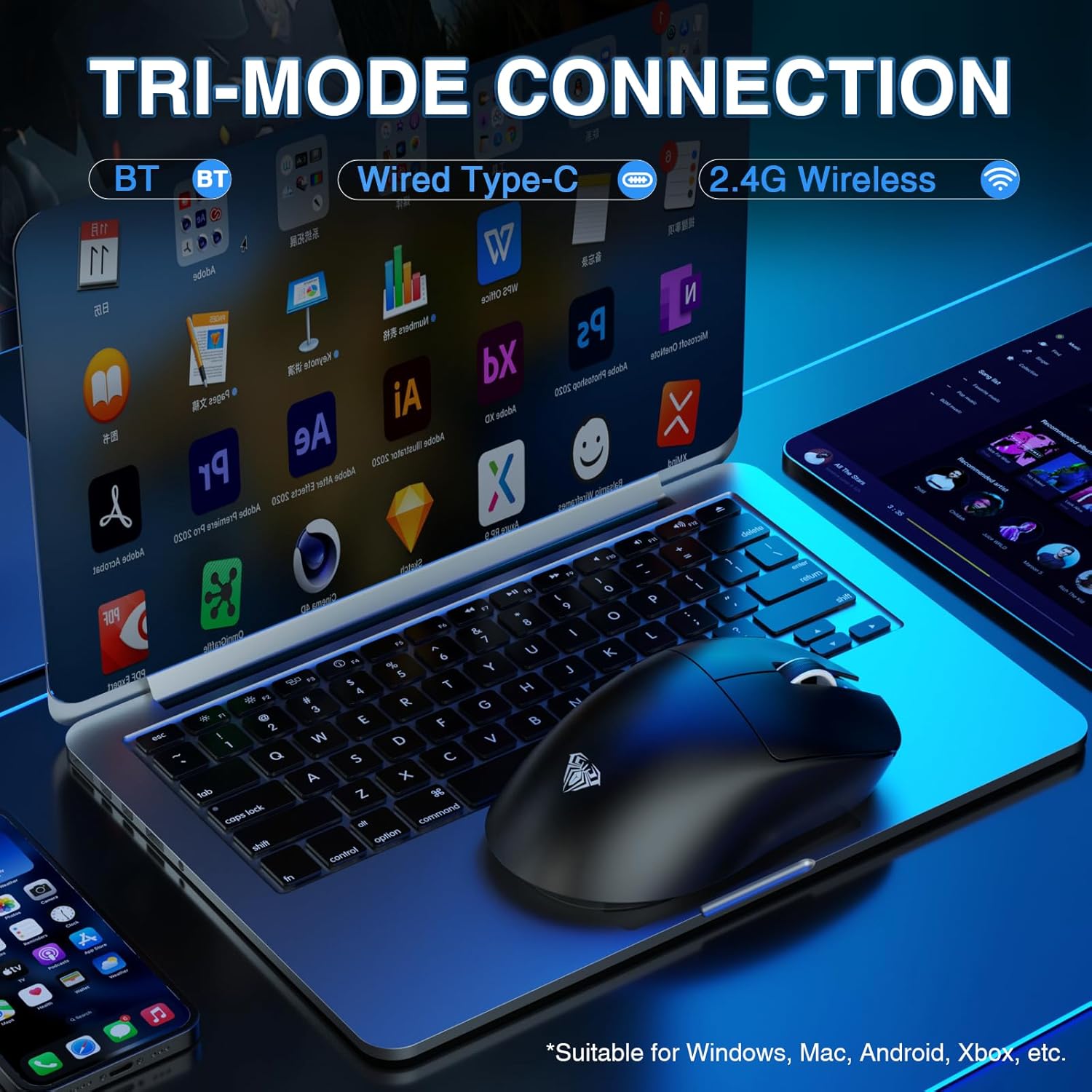 AULA SC900 Pro mouse connected to a laptop, illustrating tri-mode connection options: Bluetooth, Wired Type-C, and 2.4G Wireless
