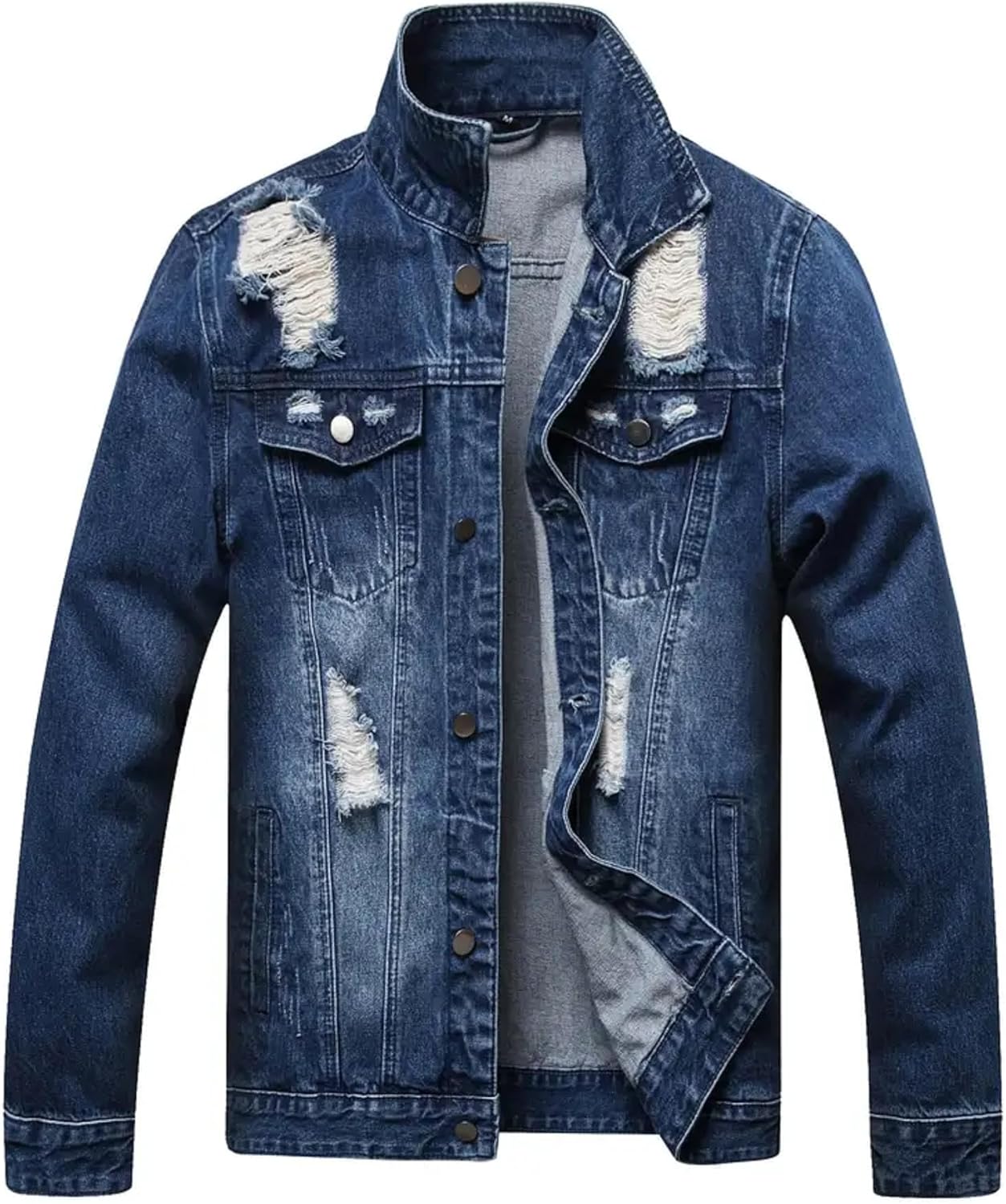 Huang's Men's Denim Jacket with Distressed Ripped Details Classic Fit Non - Stretch Fabric Cool Stylish Caual Coat