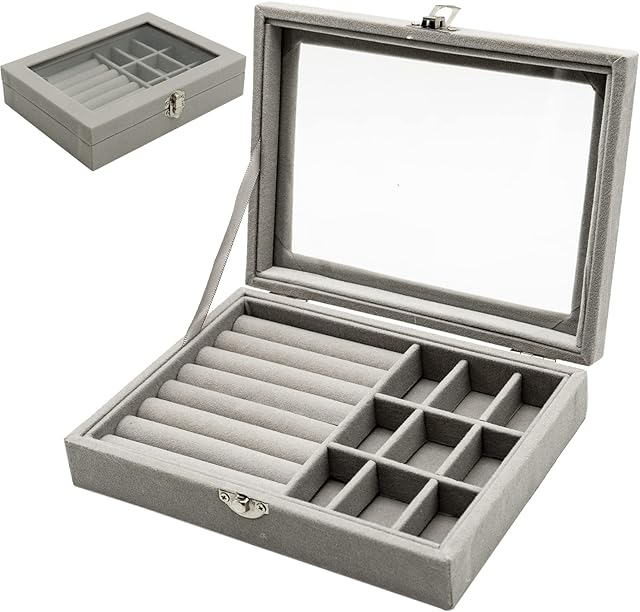 Jewellery Box Organiser 9 Grids Jewelry Storage Case, Velvet Lockable Jewellery Organiser, Removal Tray, Ring Storage Slot, Ring Jewellery Display Storage Box Tray for Rings Earrings Necklace - Grey