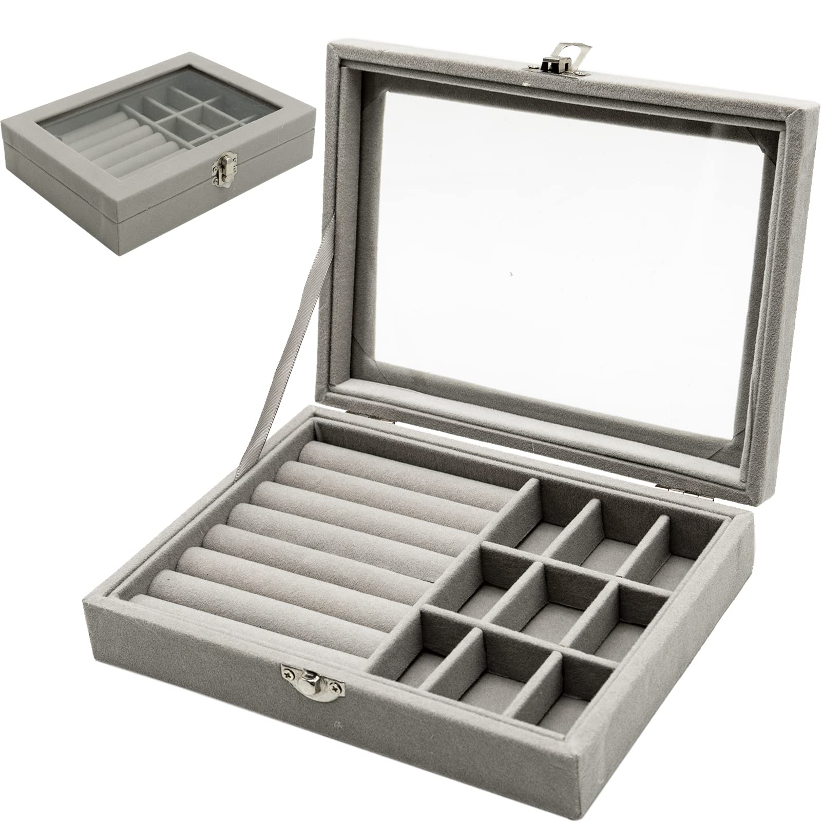 Lamxd Grey Jewellery Box Organiser 9 Grids Jewelry Storage Case, Velvet Lockable Jewellery Organiser, Removal Tray, Ring Storage Slot, Ring Jewellery Display Storage Box Tray For Rings Earrings Necklace