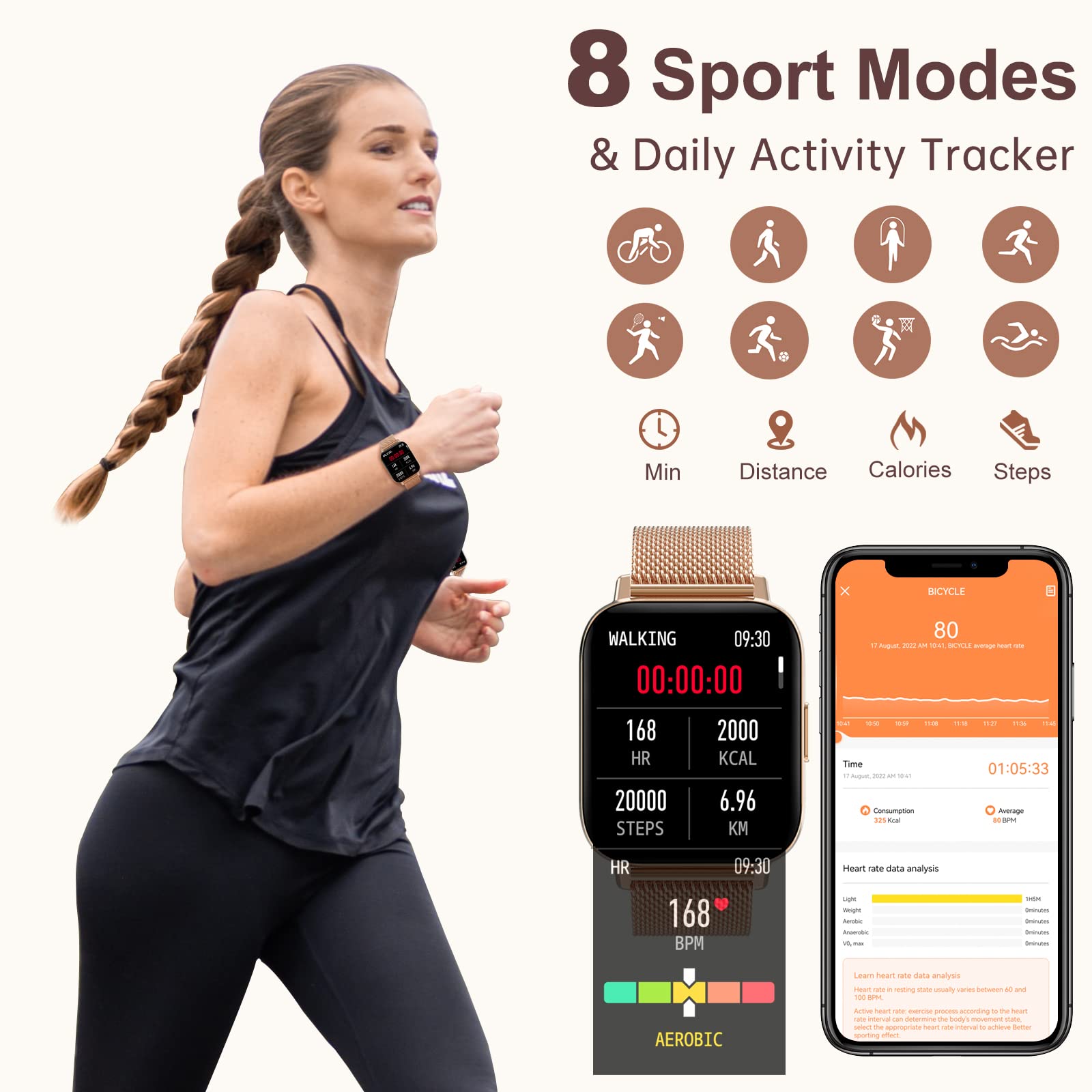Reloj Inteligente Mujer con Llamadas Smartwatch Monitor de Sueño, Pulsometro, Oxímetro, Podómetro Caloría DIY Esfera Reloj, Reloj Digital iOS Android Pulsera de Actividad 8 Modos Deportivos