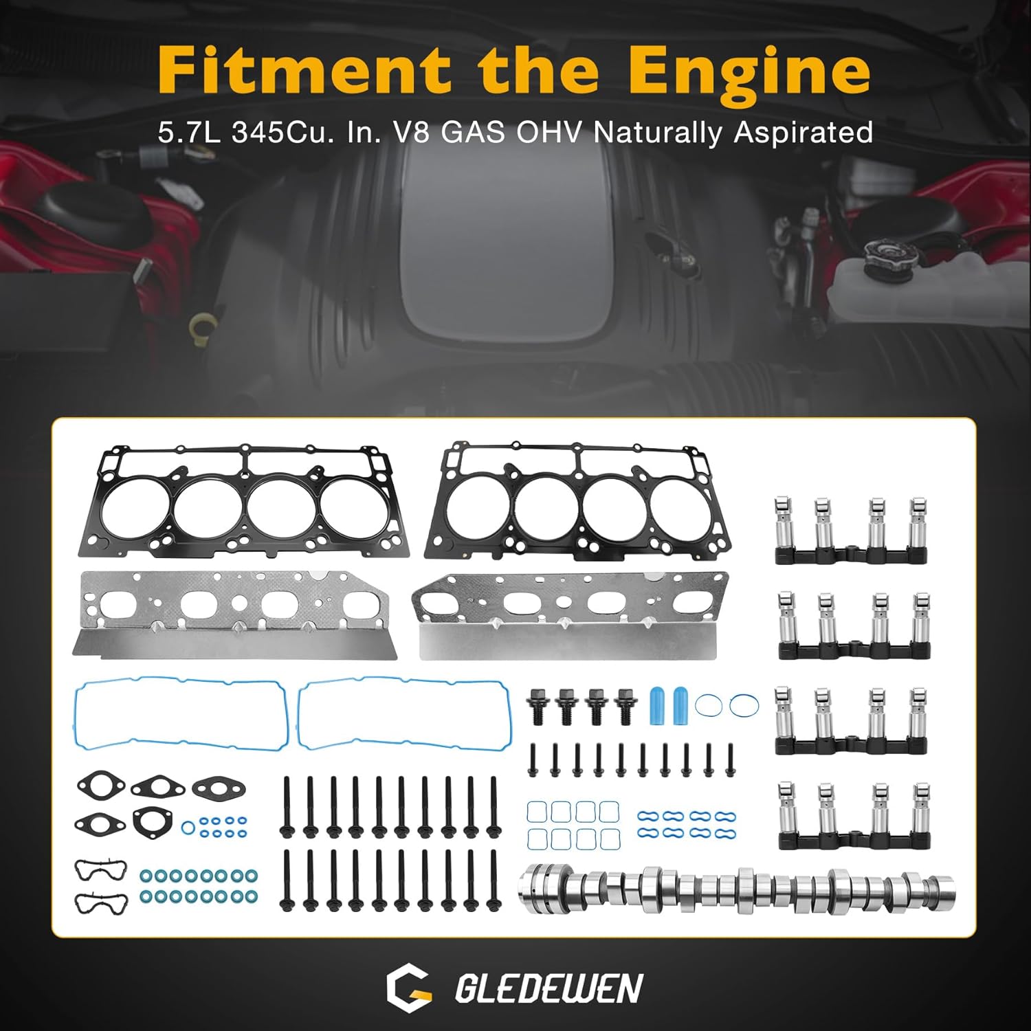 5.7L V8 MDS Hemi Camshaft and Lifters Set With Engine Head Gaskets kit, Compatible with 2009-2022 Chrysler Jeep Commander Grand Cherokee Dodge Durango, Replaces# 53021720AB 53022372AA