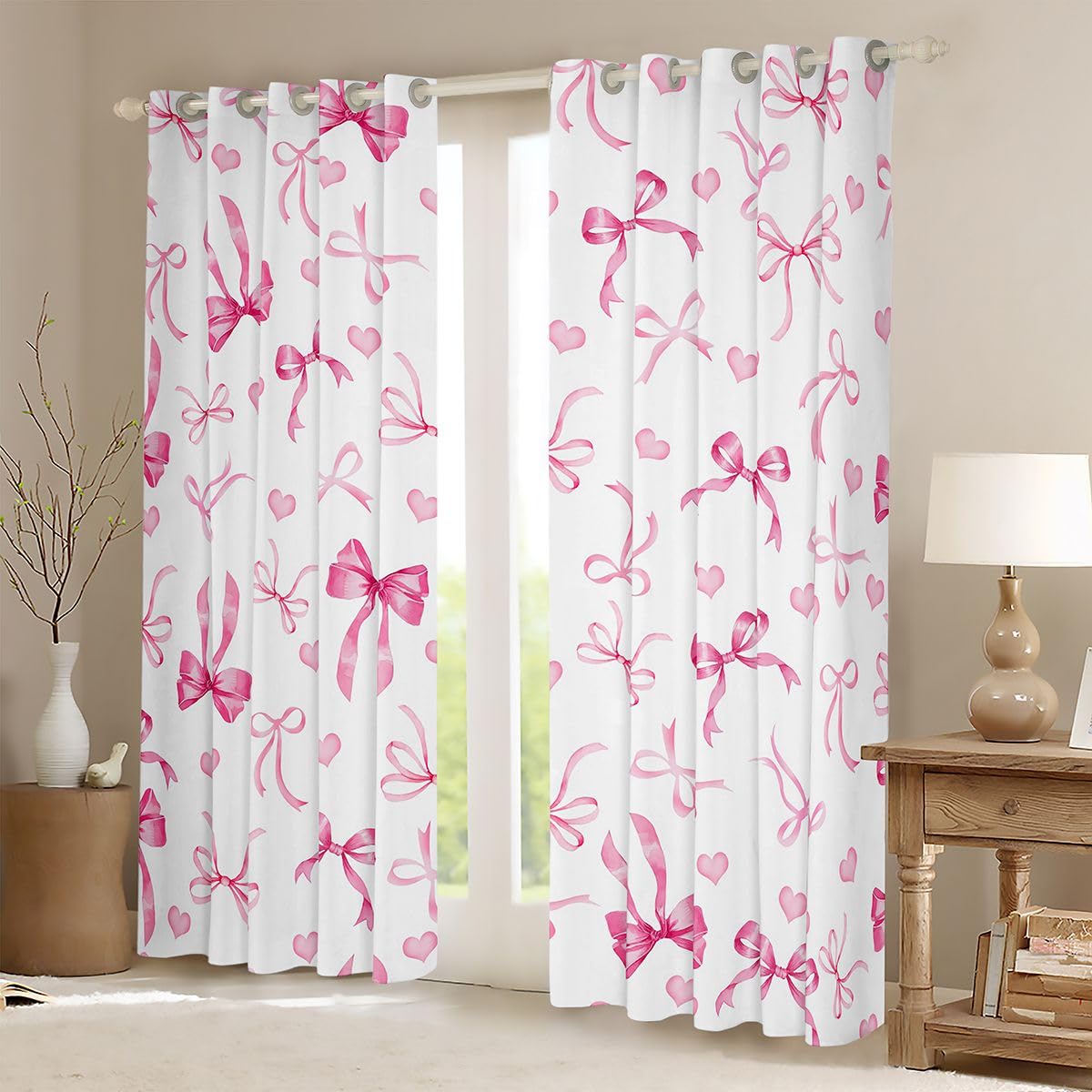 Homewish Różowa wstążka kokarda zasłony okienne 117 x 183 cm, 2 zestawy paneli - różowe kokardki miłość zasłony zaciemniające urocza kokarda węzeł zasłony okienne zasłony dziewczęce