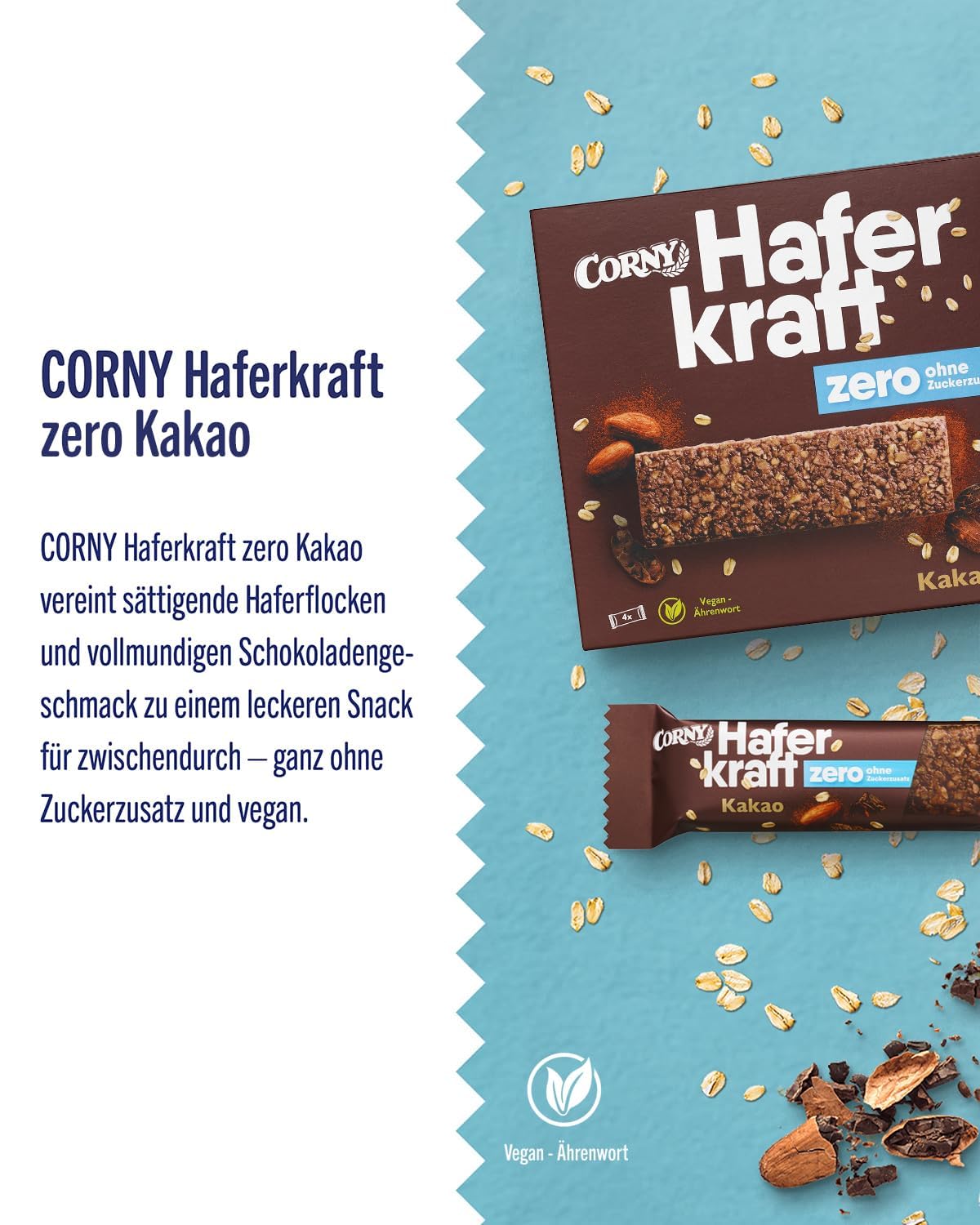 Haferriegel | Corny Haferkraft Zero Kakao | Veganer Müsliriegel ohne Zuckerzusatz | Mit Haselnüssen | Energiereicher Snack für unterwegs | 48x35g