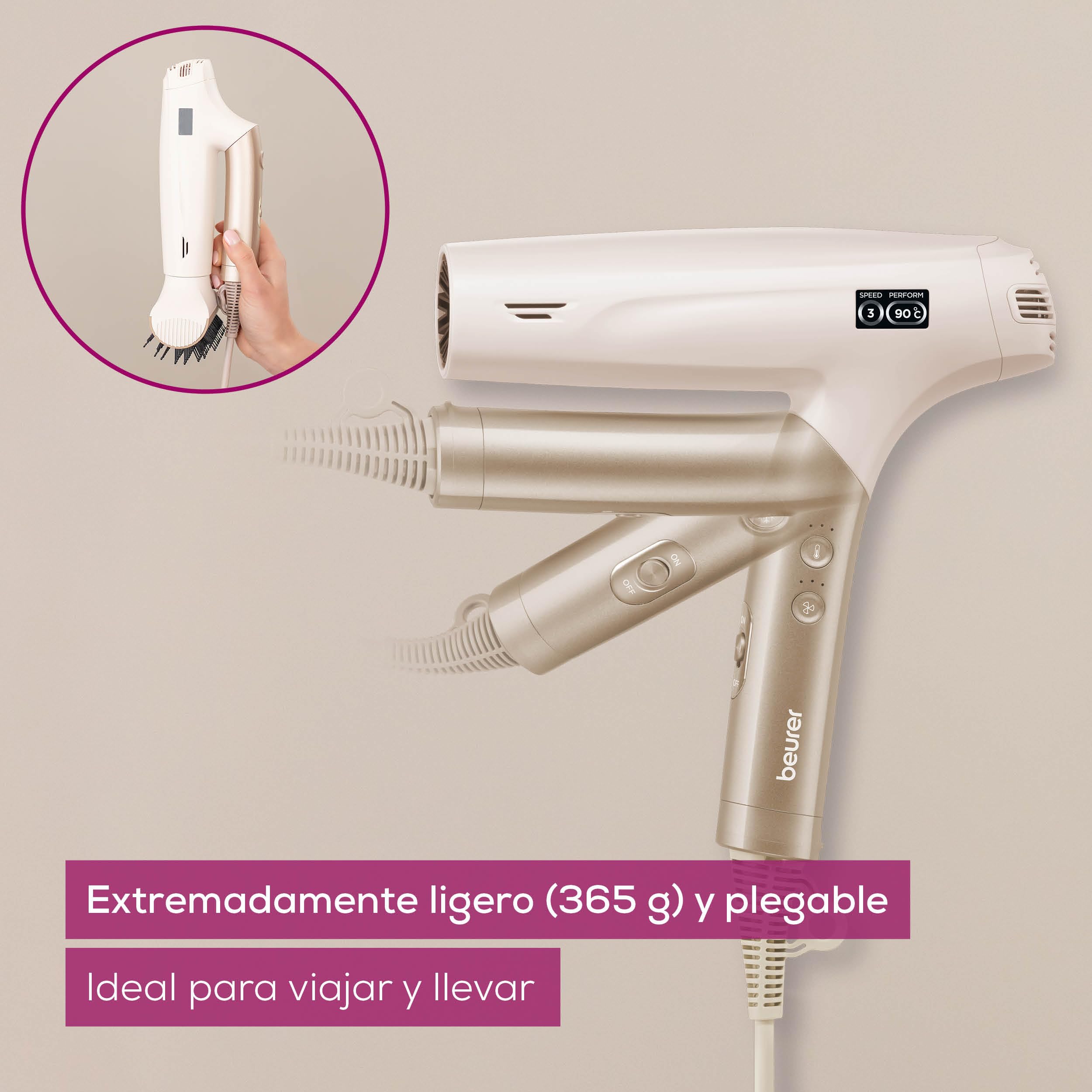 Beurer HC 150 FusionDry Pro Secador de pelo, secador ultraligero con potente motor digital, mango plegable ergonómico ideal para viajes, incl. 4 accesorios de peinado