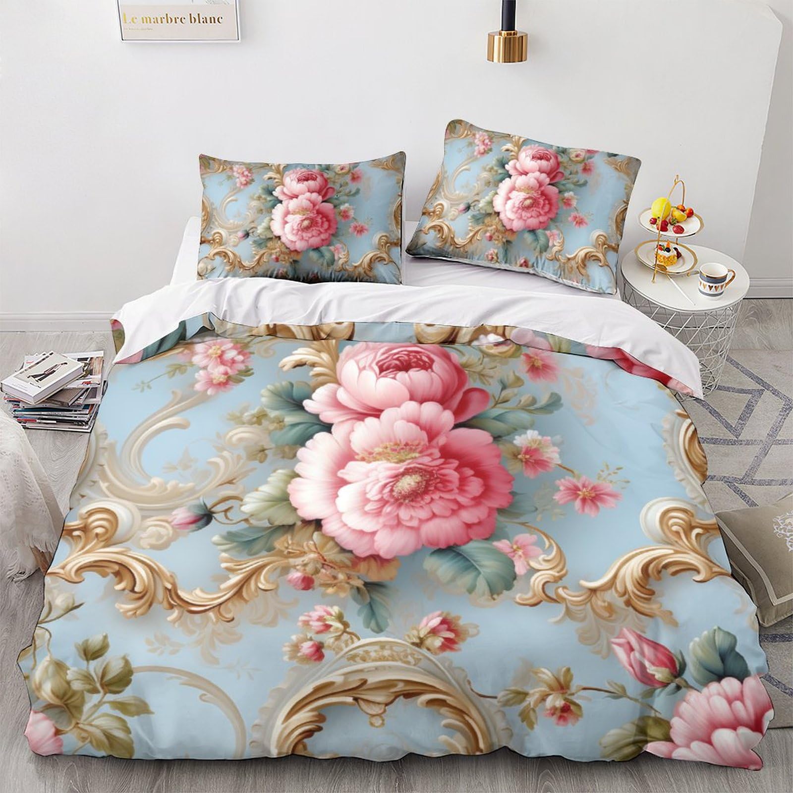 Ensemble de literie rose avec housse de couette microfibre 220x240 et taies d'oreillers lit 2 personnes